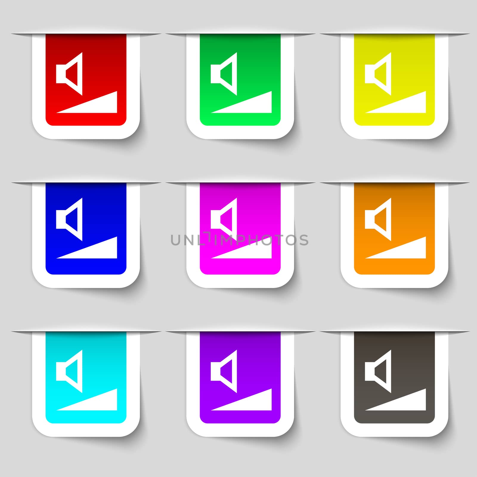 volume, sound icon sign. Set of multicolored modern labels for your design. illustration