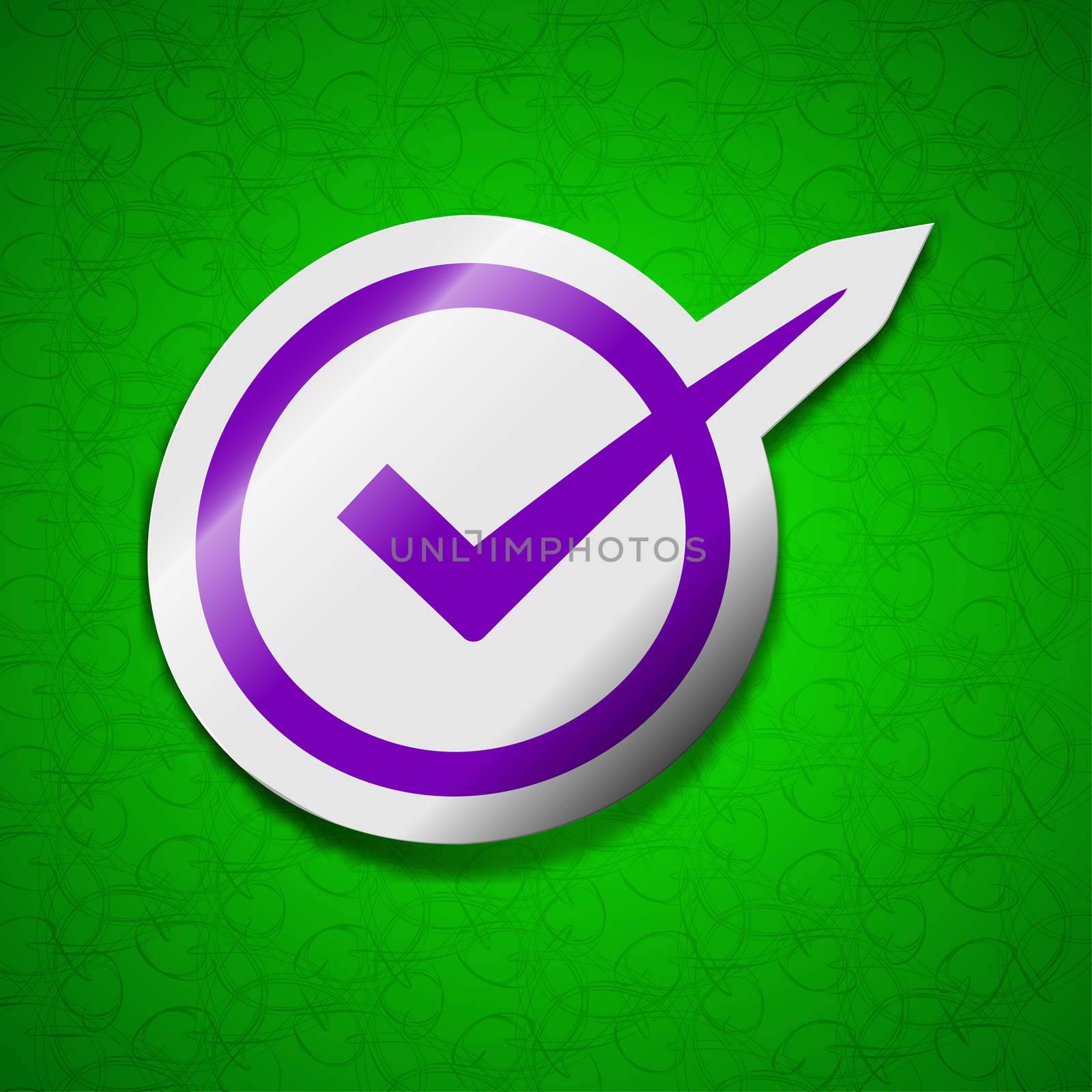 Check mark icon sign. Symbol chic colored sticky label on green background. illustration