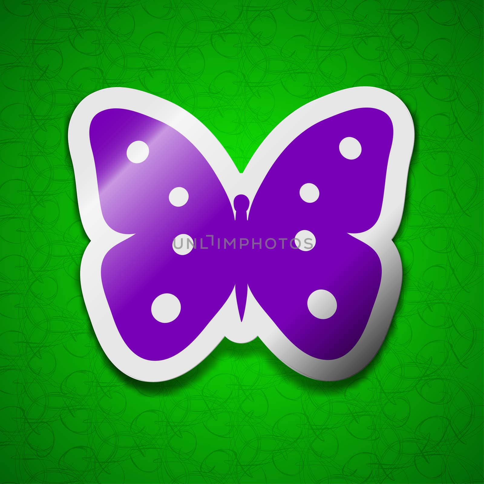 Butterfly icon sign. Symbol chic colored sticky label on green background. illustration