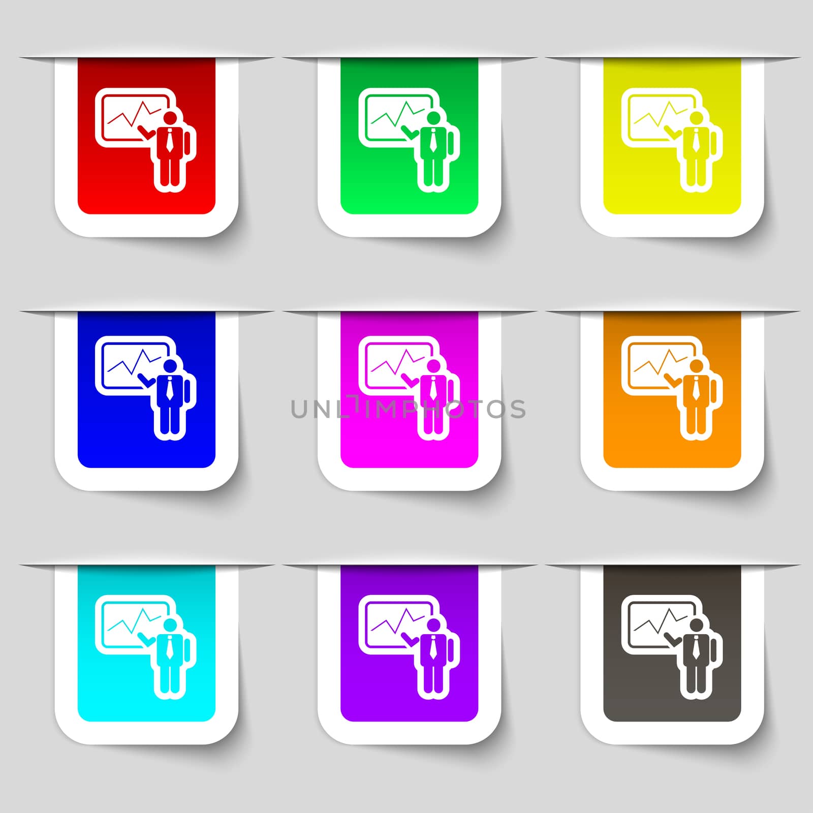 businessman making report icon sign. Set of multicolored modern labels for your design. illustration