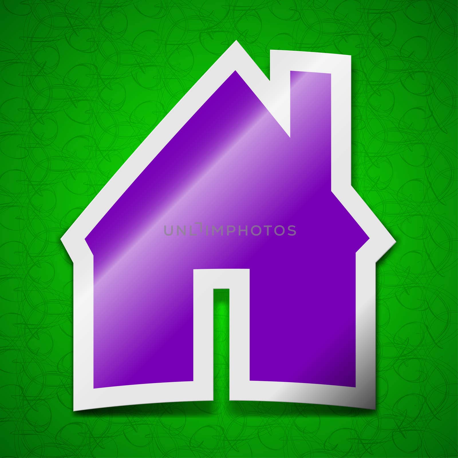 Home icon sign. Symbol chic colored sticky label on green background. illustration