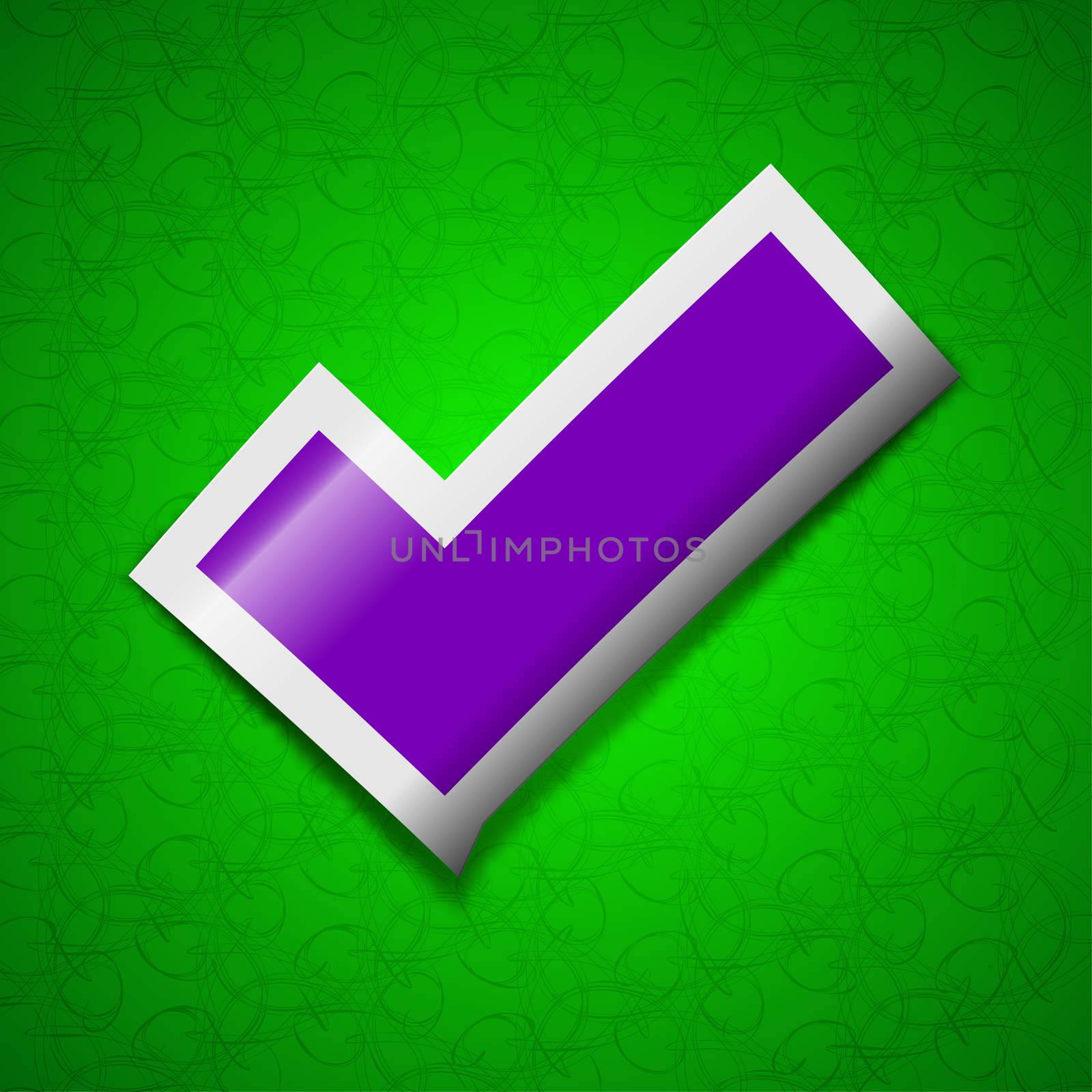 Check mark icon sign. Symbol chic colored sticky label on green background. illustration