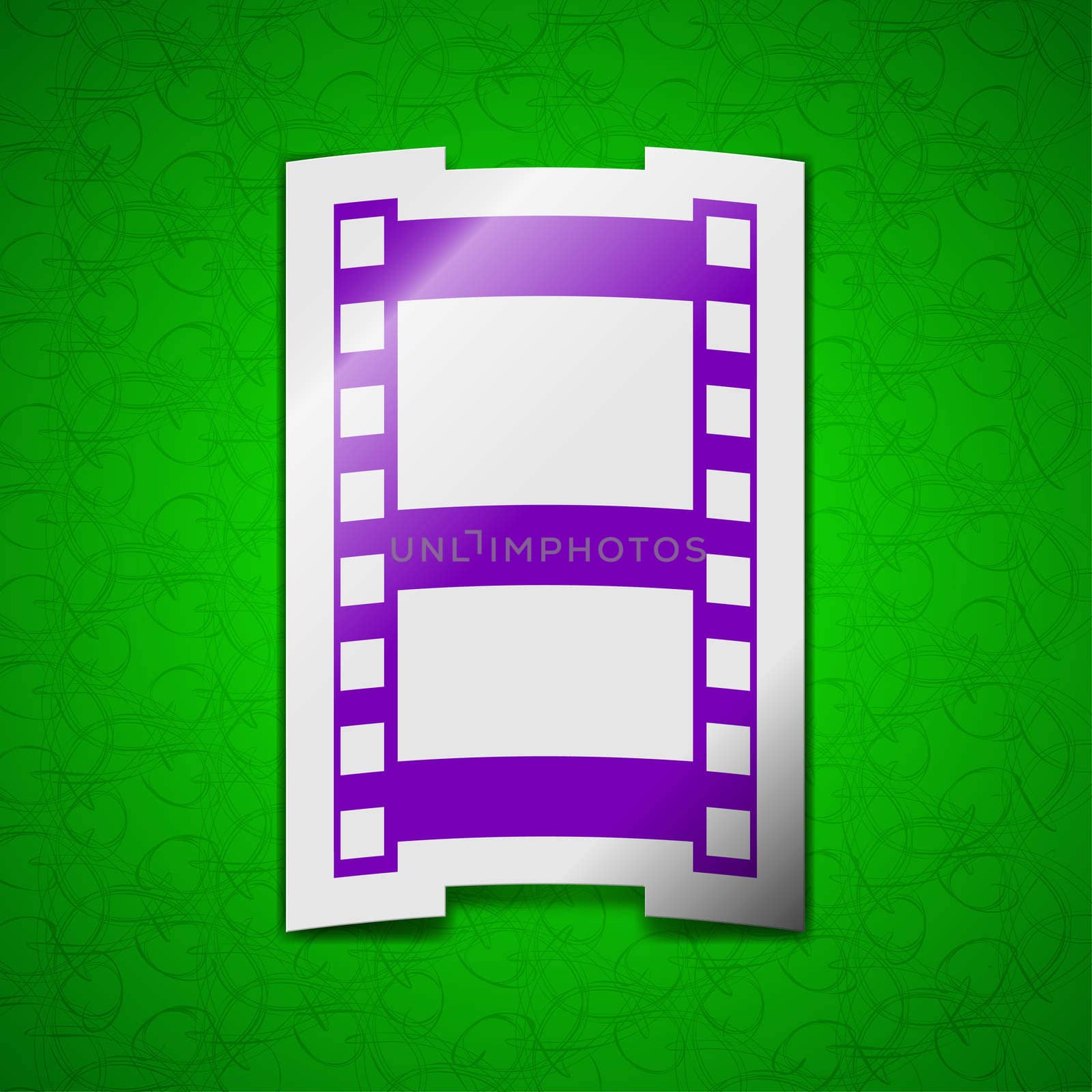 Video icon sign. Symbol chic colored sticky label on green background. illustration