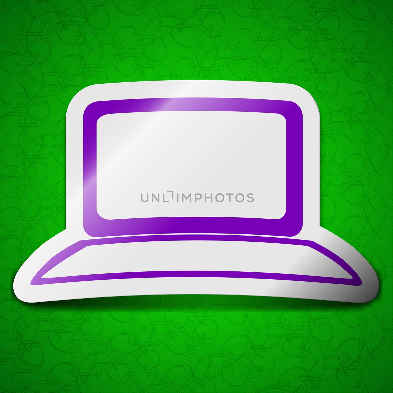 Laptop, notebook icon sign. Symbol chic colored sticky label on green background.  by serhii_lohvyniuk