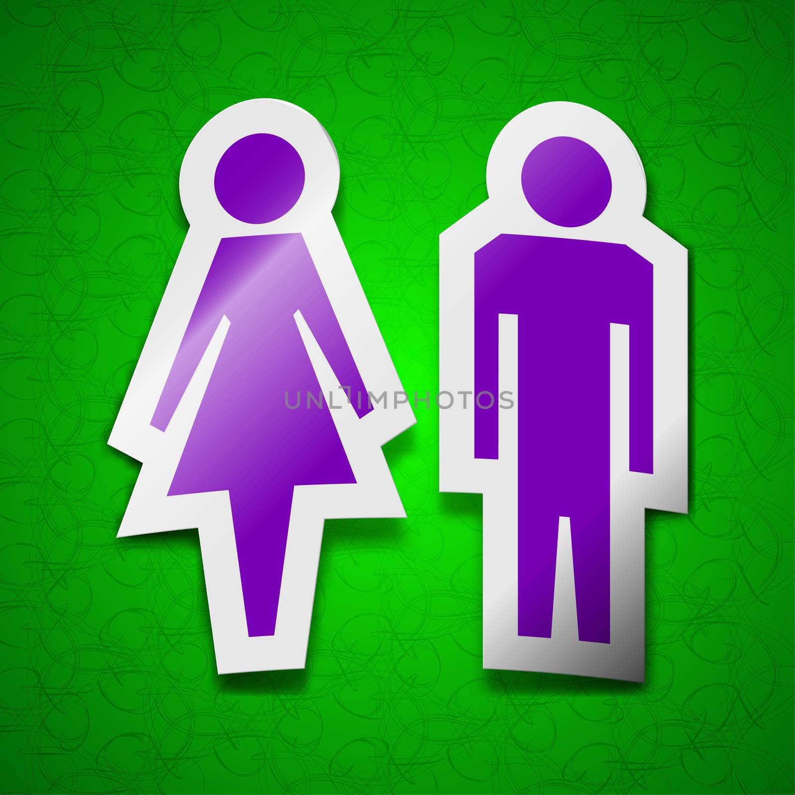 men and woomen, Toilet icon sign. Symbol chic colored sticky label on green background.  by serhii_lohvyniuk