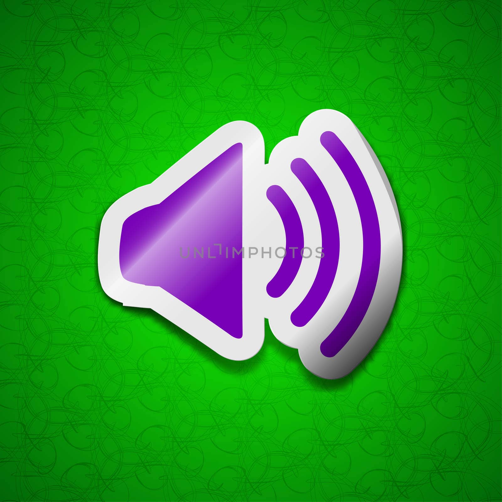Speaker volume icon sign. Symbol chic colored sticky label on green background. illustration