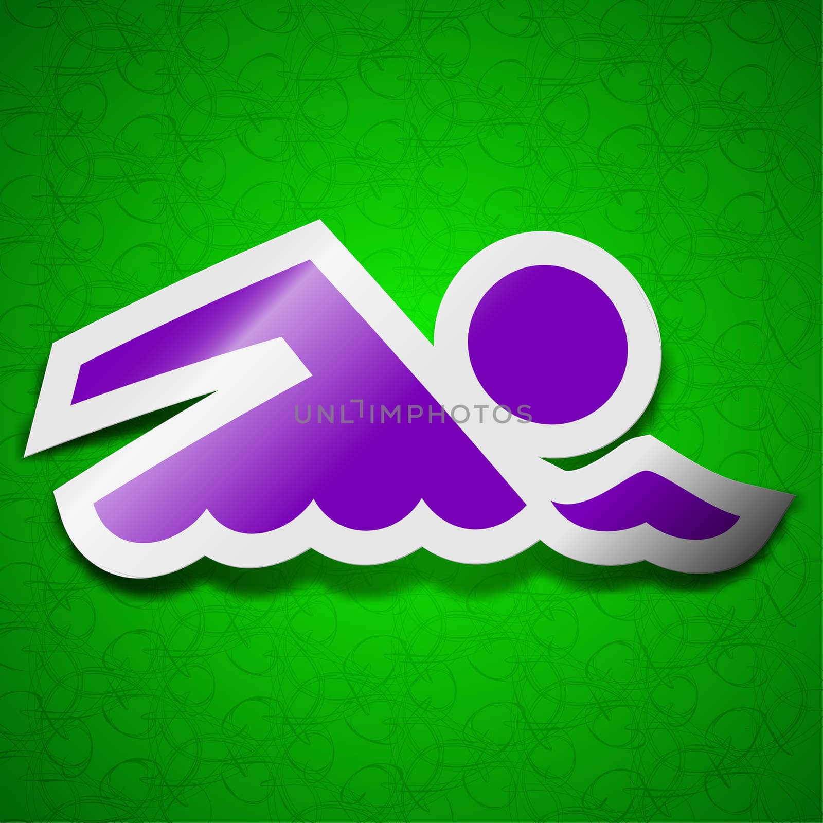 Swimming icon sign. Symbol chic colored sticky label on green background. illustration