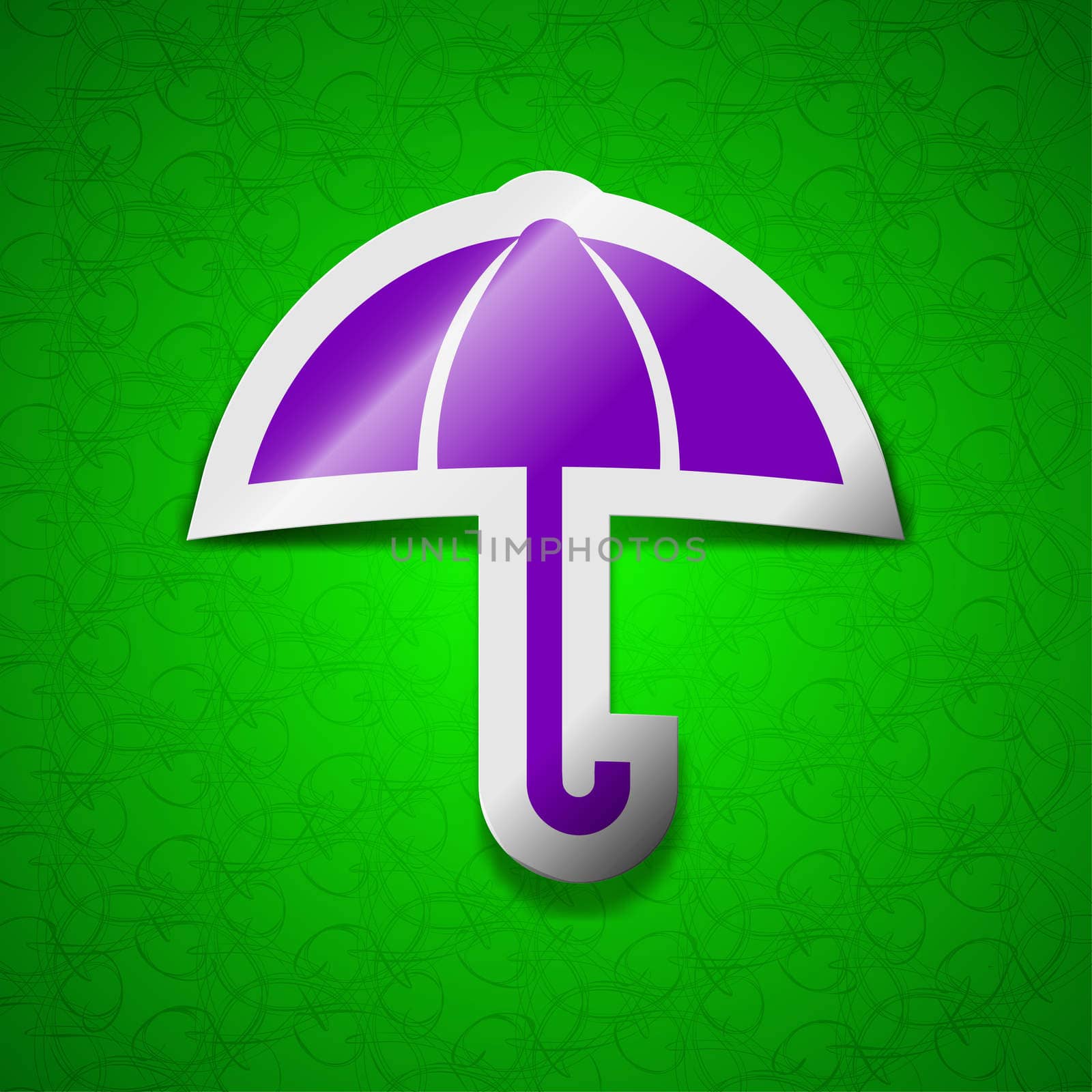 Umbrella icon sign. Symbol chic colored sticky label on green background. illustration