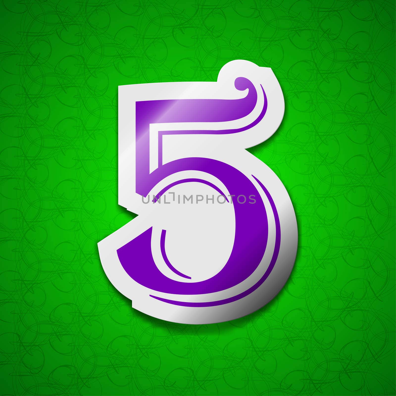number five icon sign. Symbol chic colored sticky label on green background. illustration