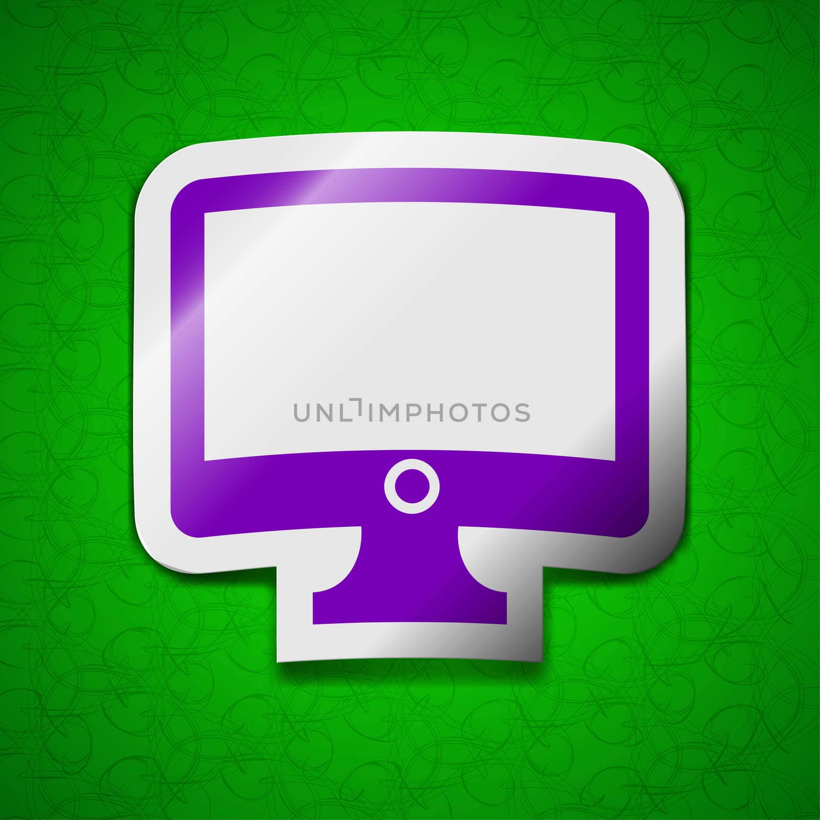 Computer widescreen monitor icon sign. Symbol chic colored sticky label on green background. illustration