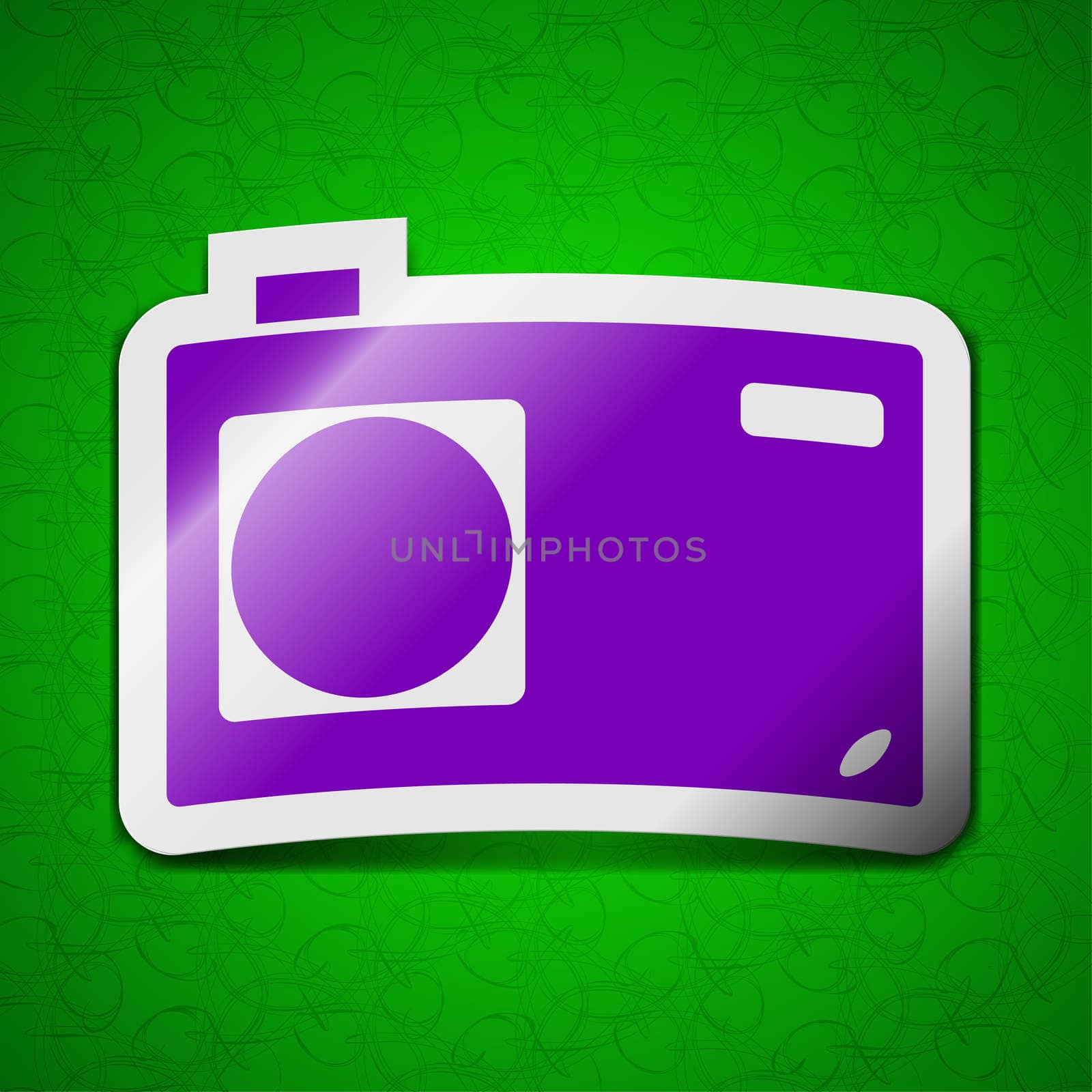 Photo camera icon sign. Symbol chic colored sticky label on green background. illustration