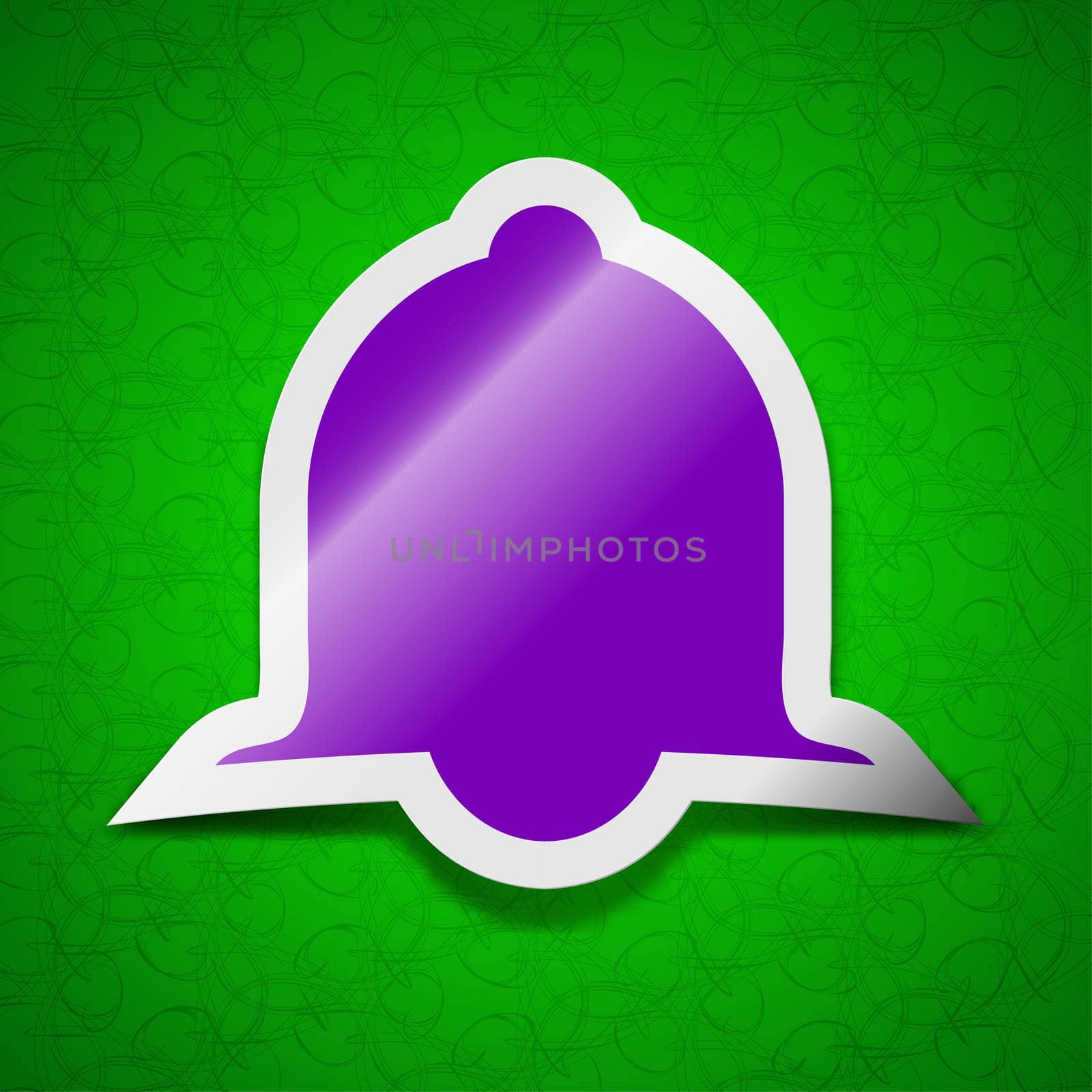 Alarm bell icon sign. Symbol chic colored sticky label on green background. illustration