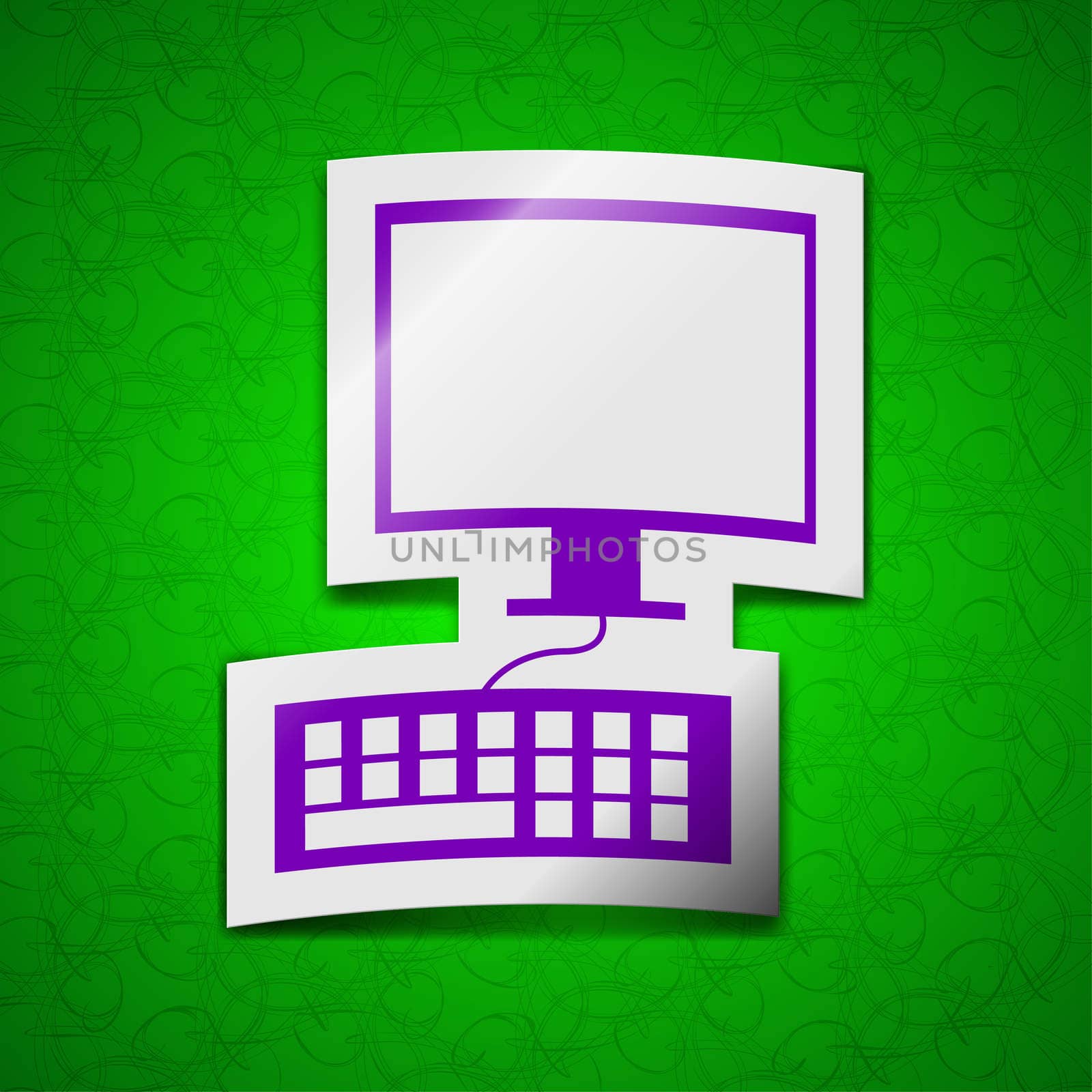 Computer monitor and keyboard icon sign. Symbol chic colored sticky label on green background. illustration