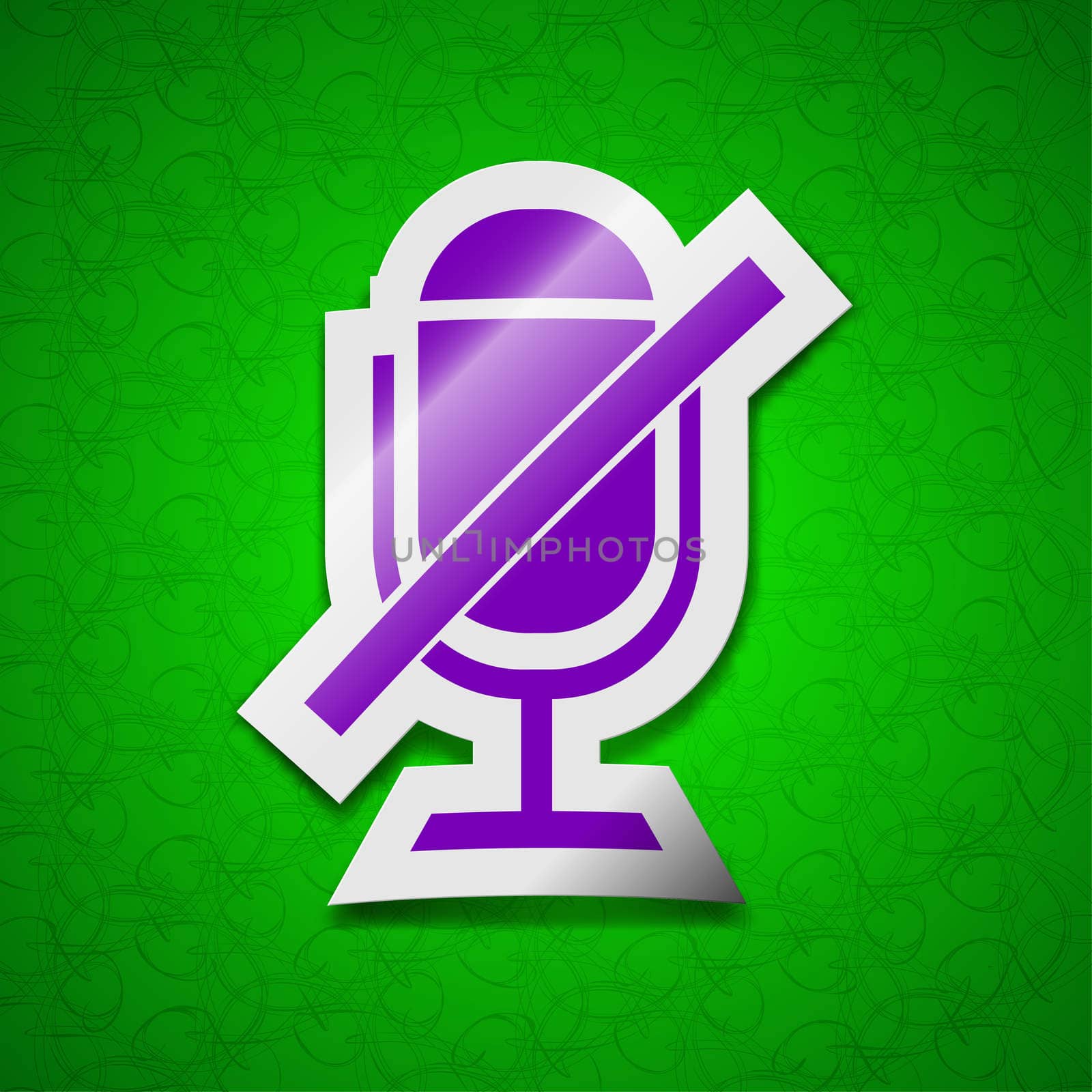 No Microphone icon sign. Symbol chic colored sticky label on green background. illustration