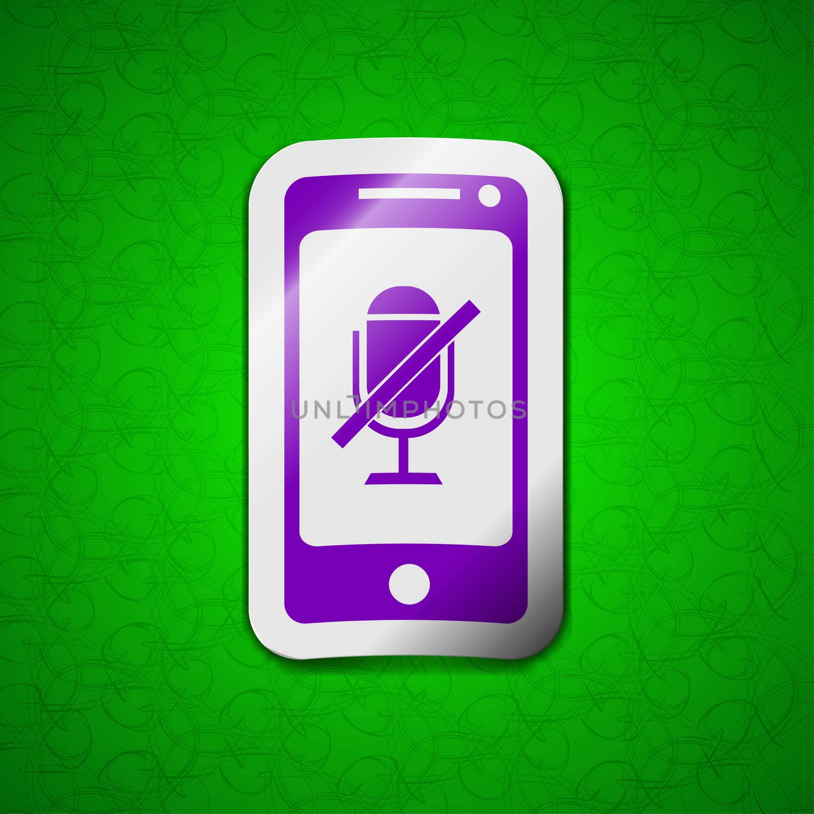 No Microphone icon sign. Symbol chic colored sticky label on green background. illustration