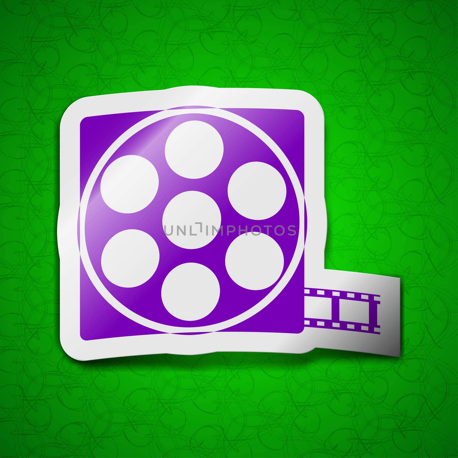 Video icon sign. Symbol chic colored sticky label on green background. illustration