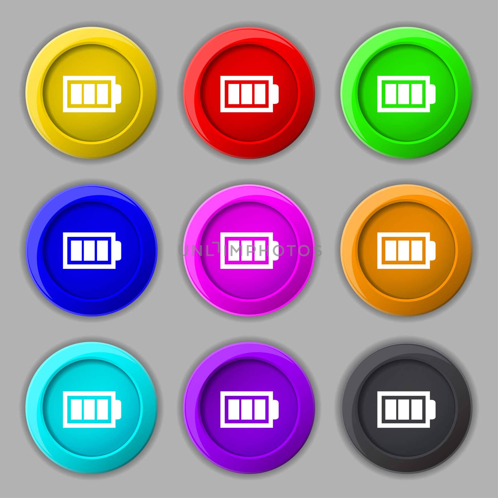 Battery fully charged sign icon. Electricity symbol. Set of colour buttons. Modern interface website button illustration