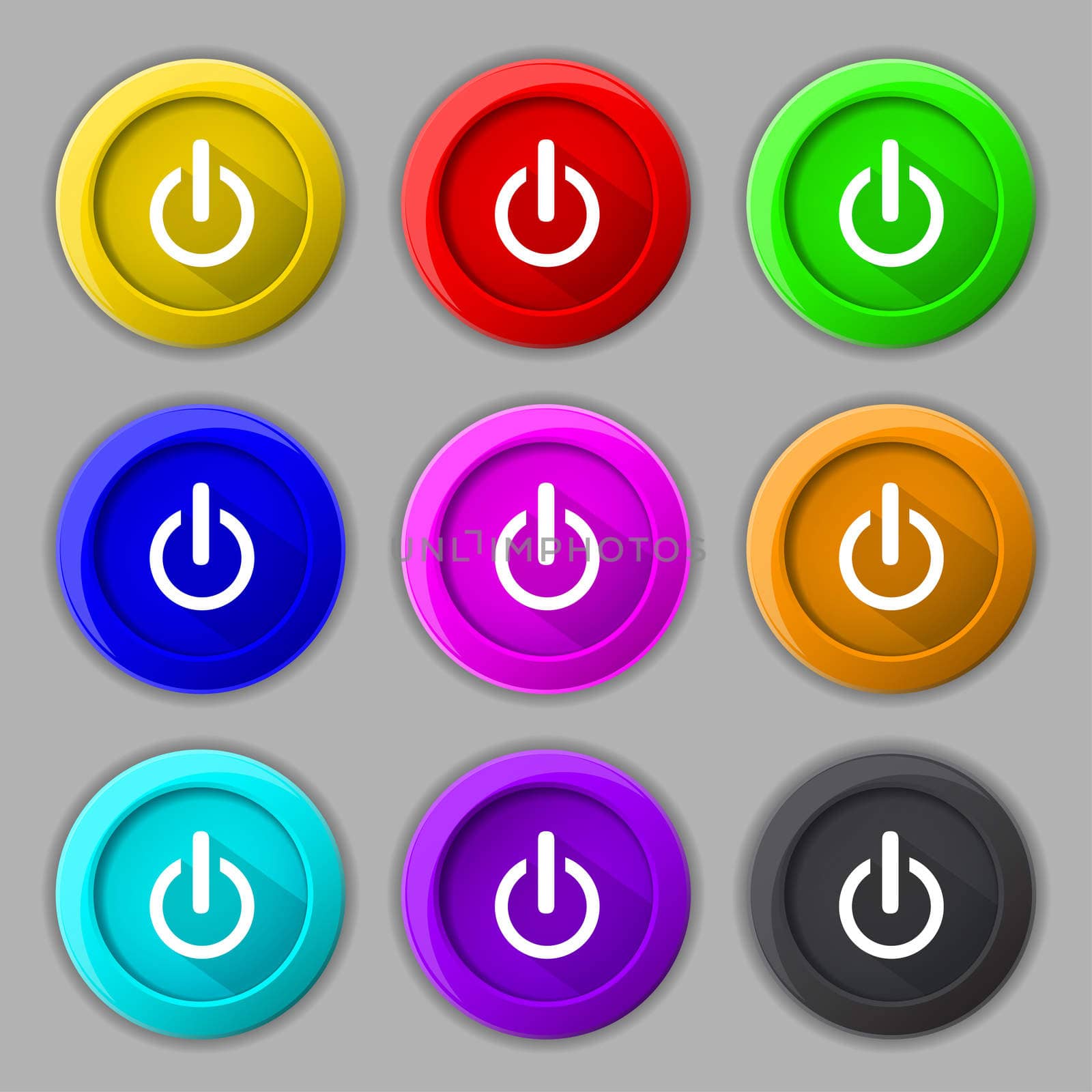 Power sign icon. Switch on symbol. Turn on energy. Set of colourful buttons 