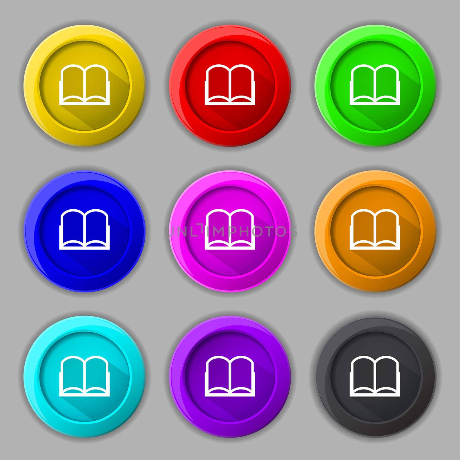 Book sign icon. Open book symbol. Set of colored buttons.  by serhii_lohvyniuk