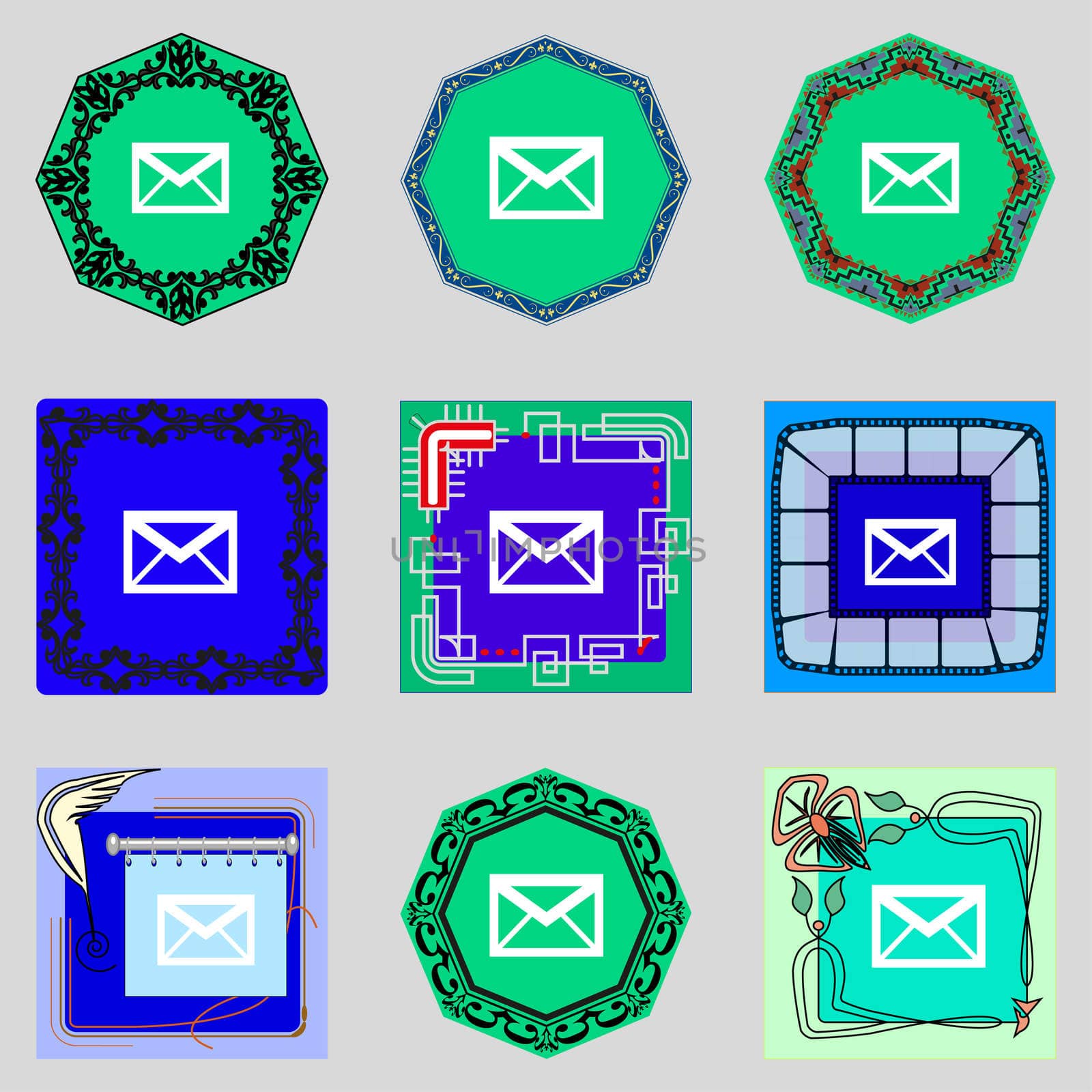 Mail icon. Envelope symbol. Message at sign navigation button Set colourful buttons illustration