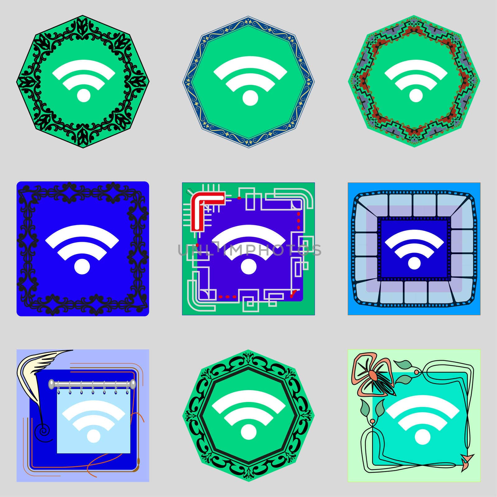 Wifi sign. Wi-fi symbol. Wireless Network icon. Wifi zone Set colourful buttons illustration