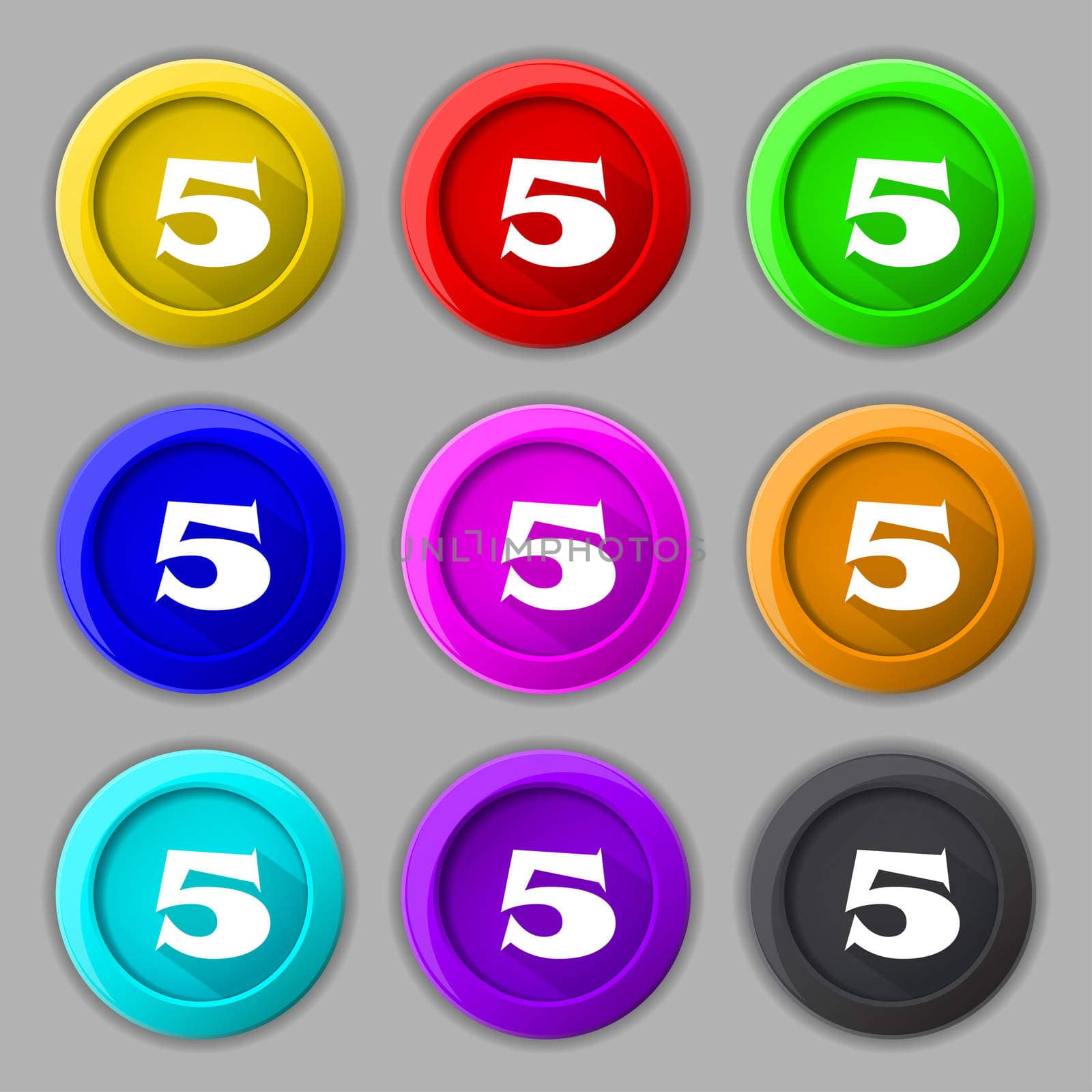 number five icon sign. Set of coloured buttons. illustration