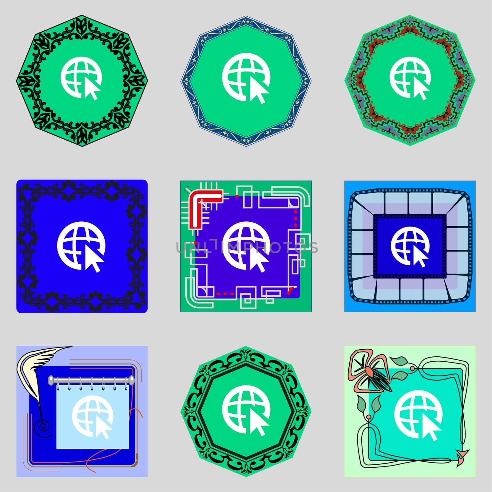 Internet sign icon. World wide web symbol. Cursor pointer. Set colourful buttons illustration