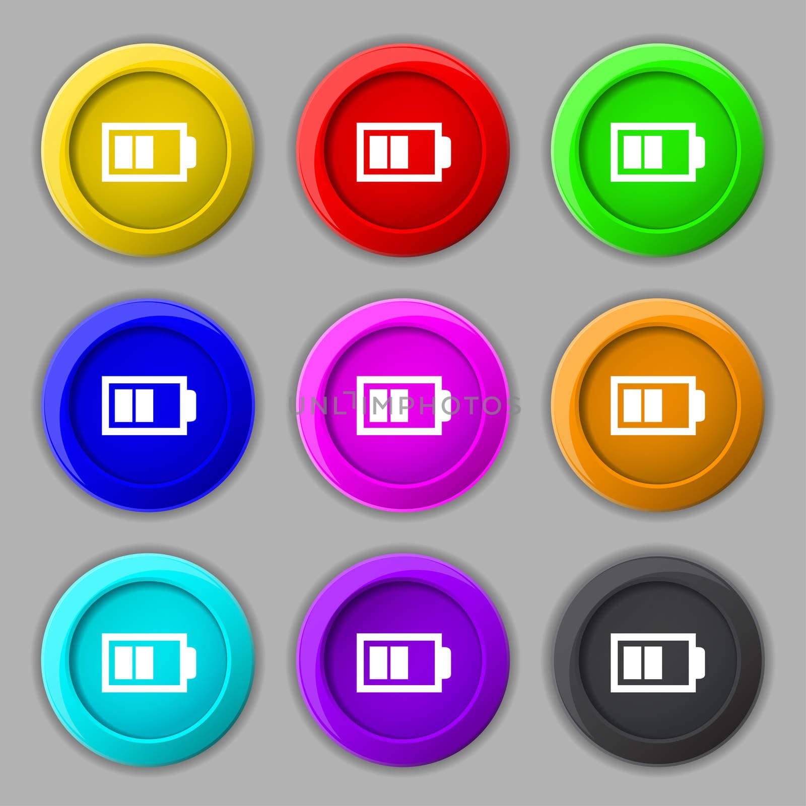 Battery half level sign icon. Low electricity symbol. Set of colour buttons. illustration