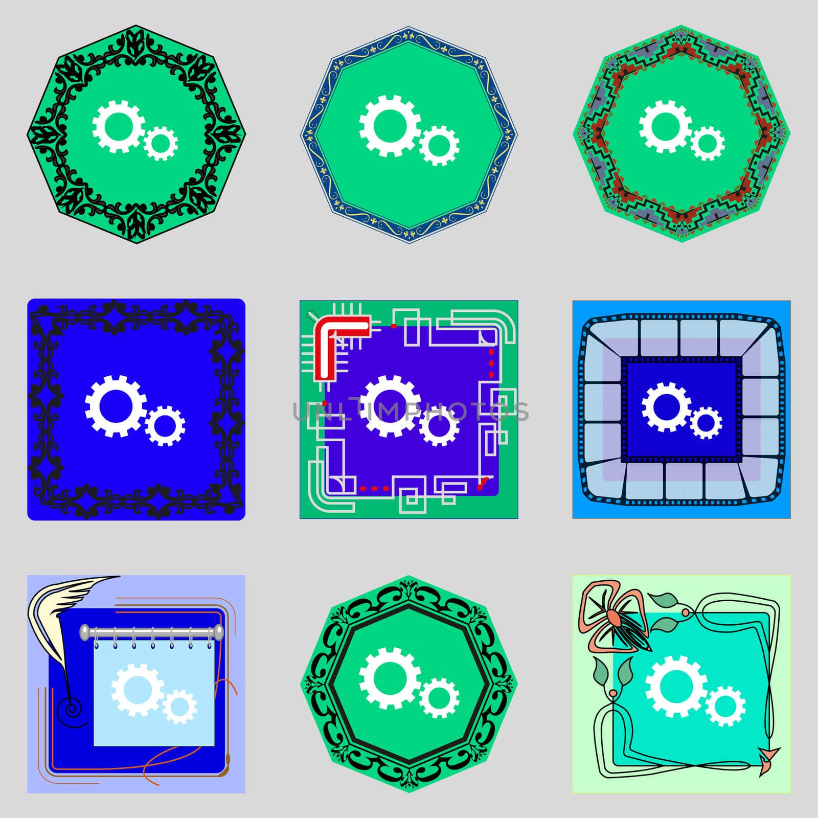 Cog settings sign icon. Cogwheel gear mechanism symbol. Set colourful buttons. illustration