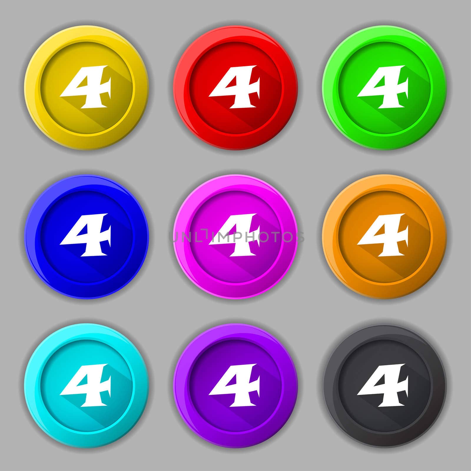 number four icon sign. Set of coloured buttons. illustration