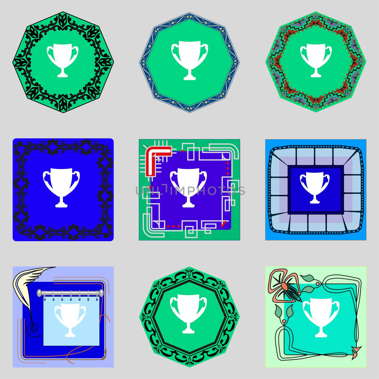 Winner cup sign icon. Awarding of winners symbol. Trophy. Set colourful buttons illustration