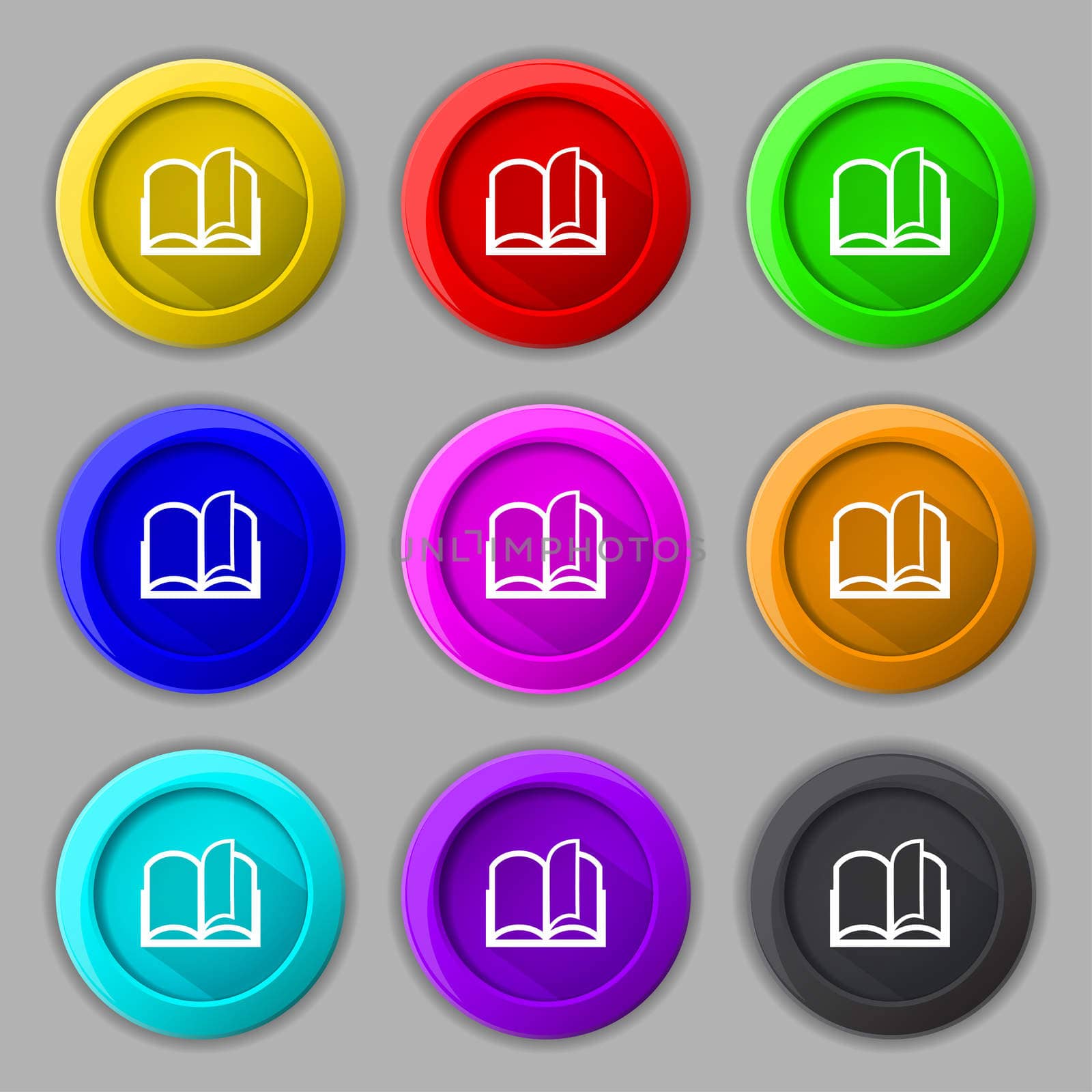 Book sign icon. Open book symbol. Set of colored buttons.  by serhii_lohvyniuk