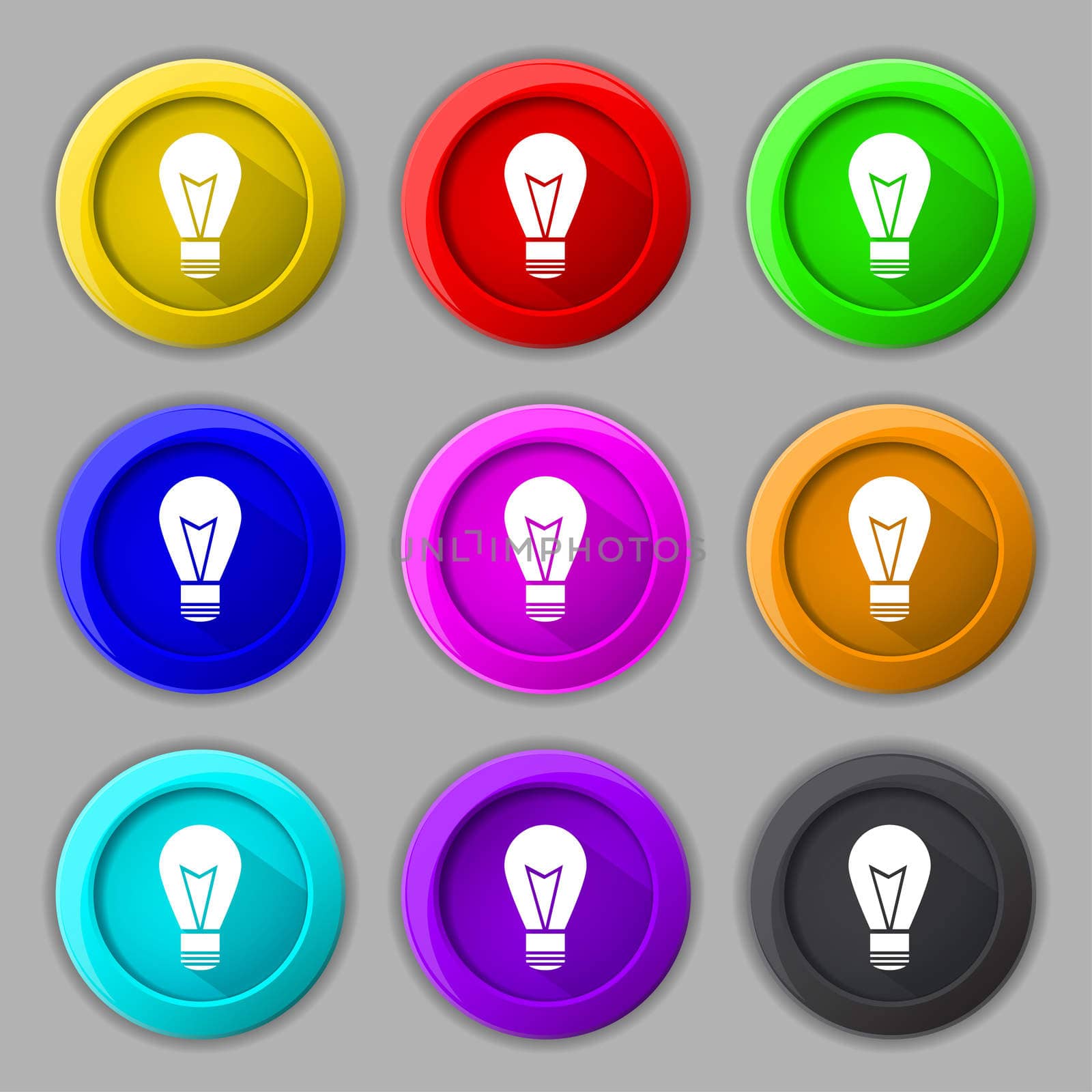 Light lamp sign icon. Idea symbol. Lightis on. Set of colored buttons. illustration