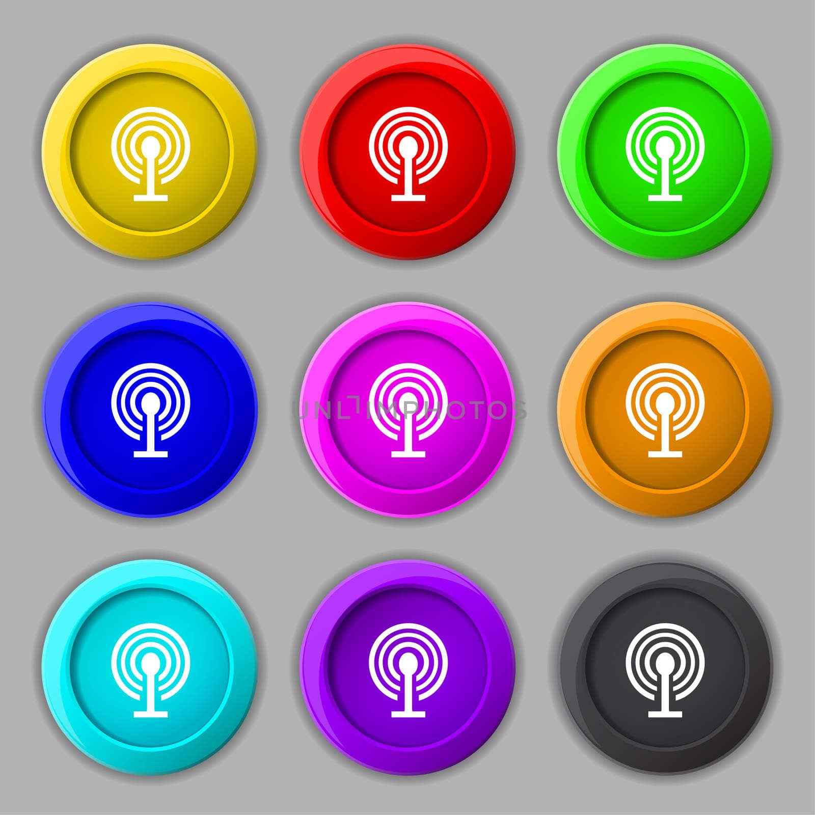 Wifi sign. Wi-fi symbol. Wireless Network icon zone. Set colour buttons. illustration