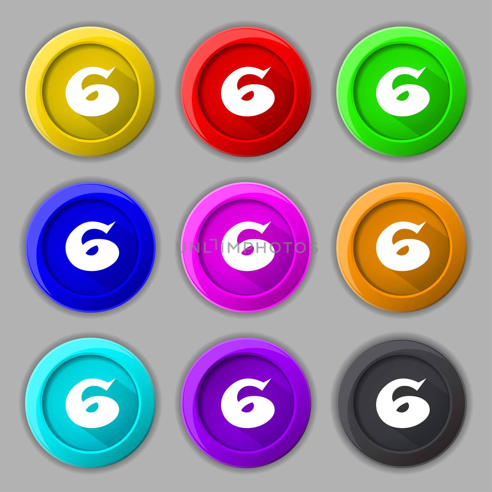 number six icon sign. Set of coloured buttons. illustration