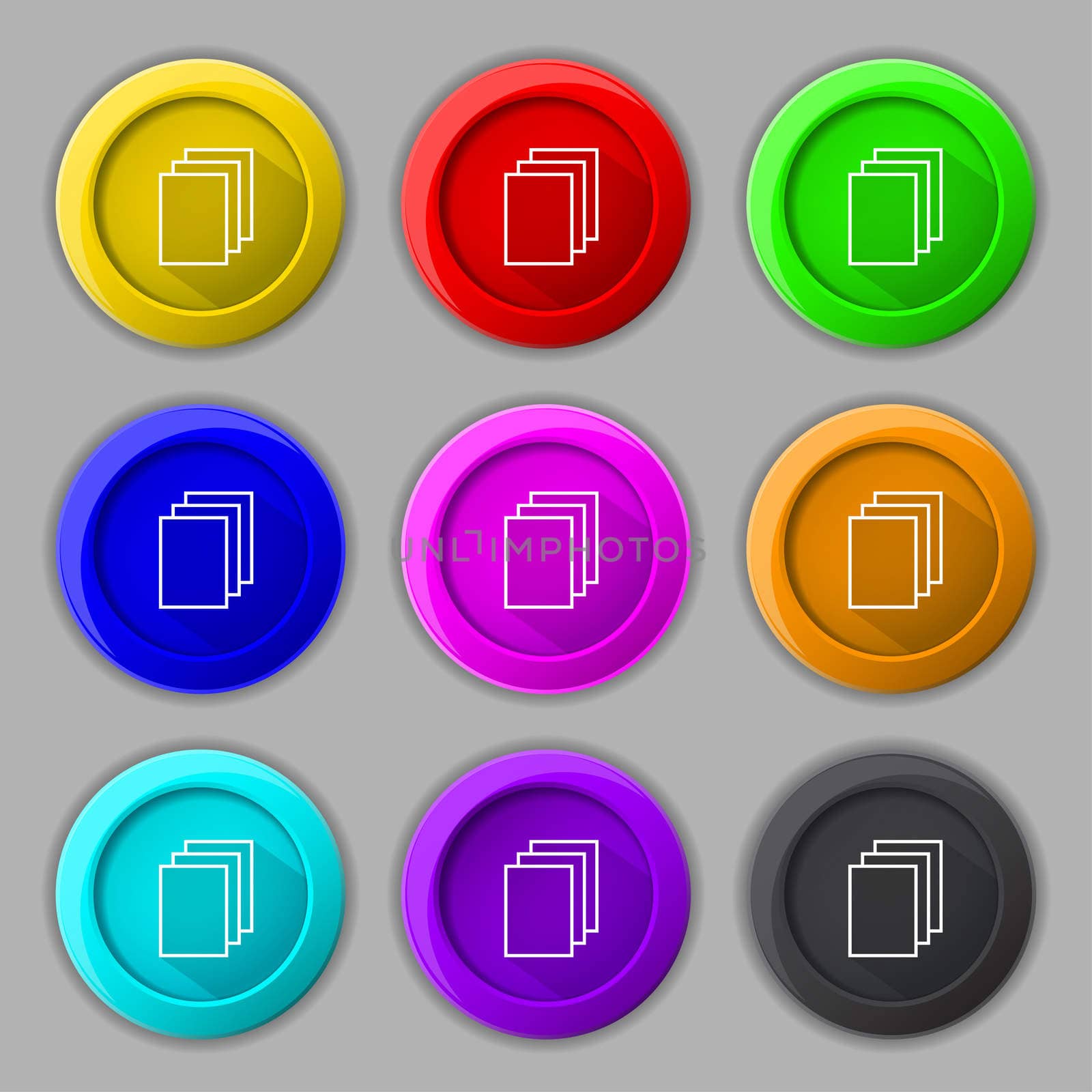 Copy file sign icon. Duplicate document symbol. Set of coloured buttons. illustration