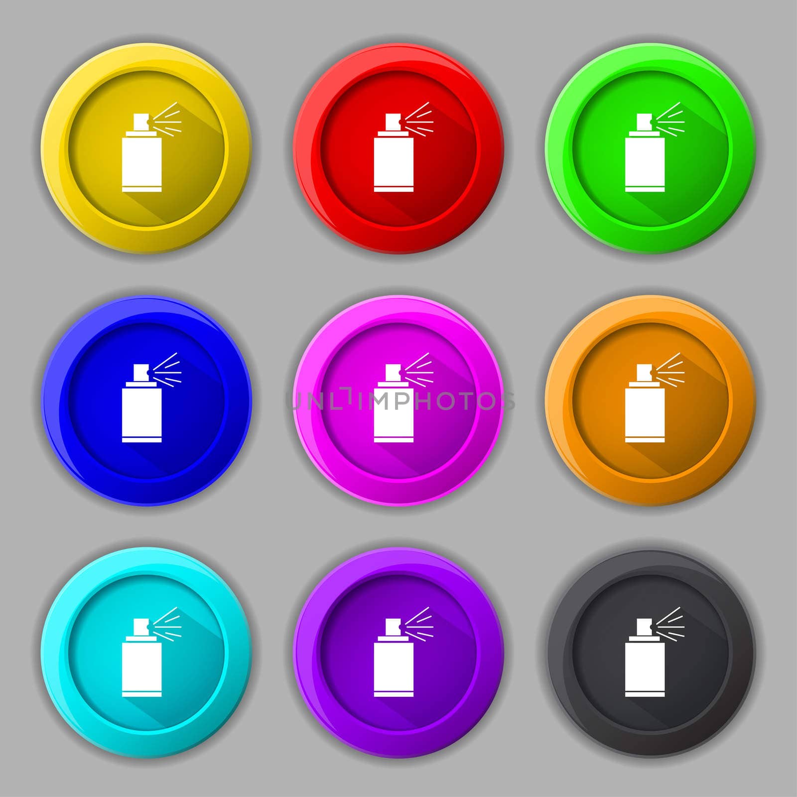 Graffiti spray can sign icon. Aerosol paint symbol. Set of colored buttons. illustration