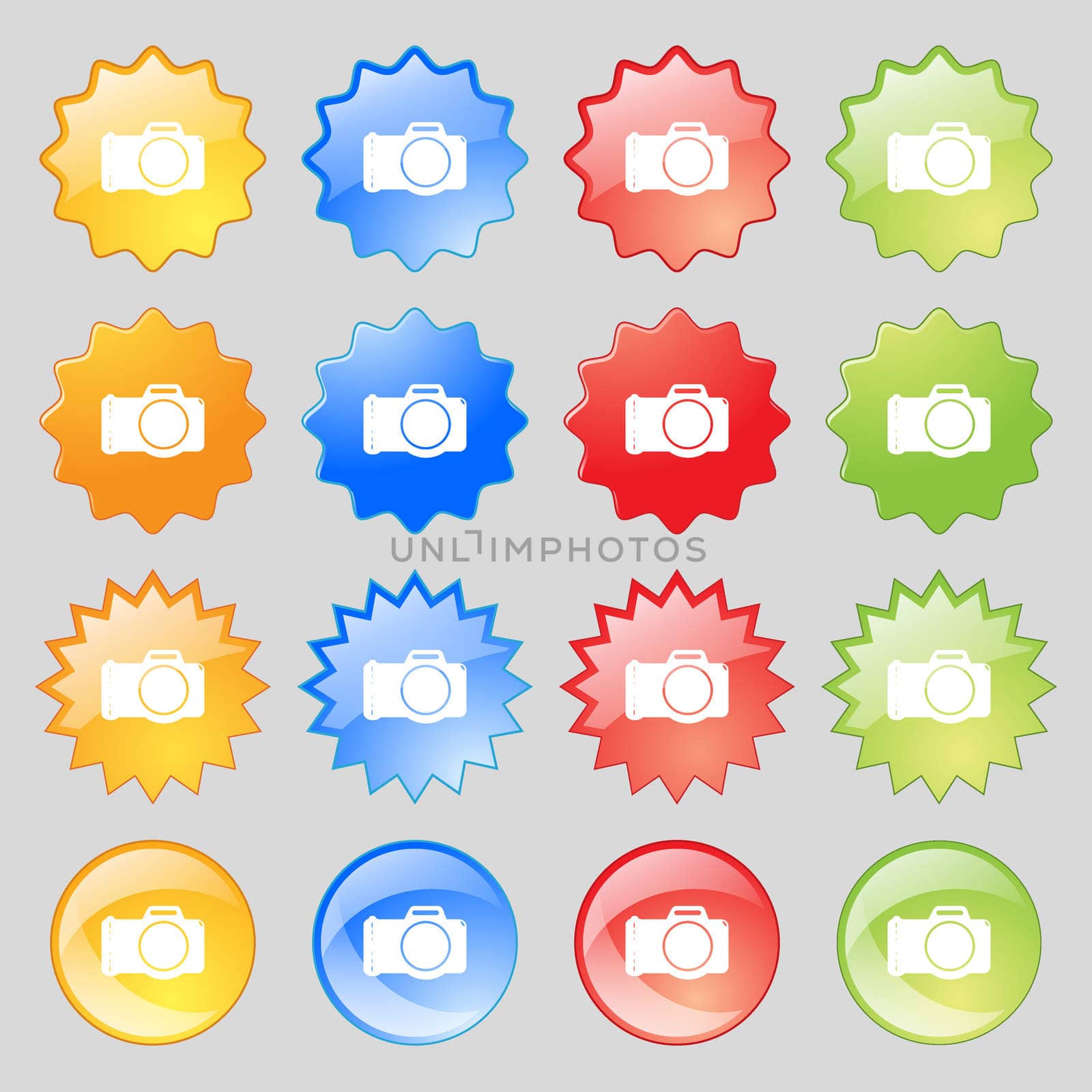 Photo camera sign icon. Digital photo camera symbol. Big set of 16 colorful modern buttons for your design. illustration