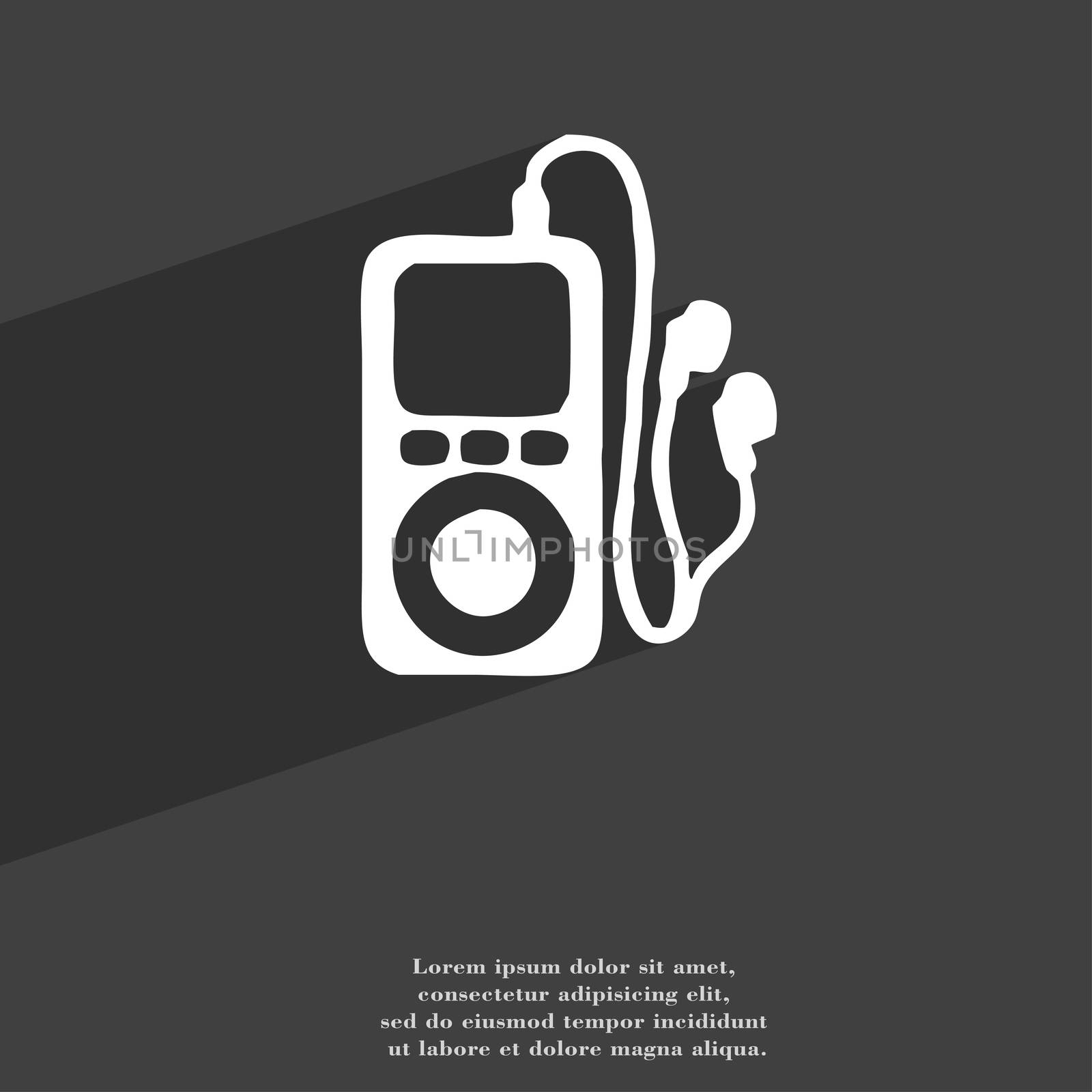 MP3 player, headphones, music icon symbol Flat modern web design with long shadow and space for your text. illustration