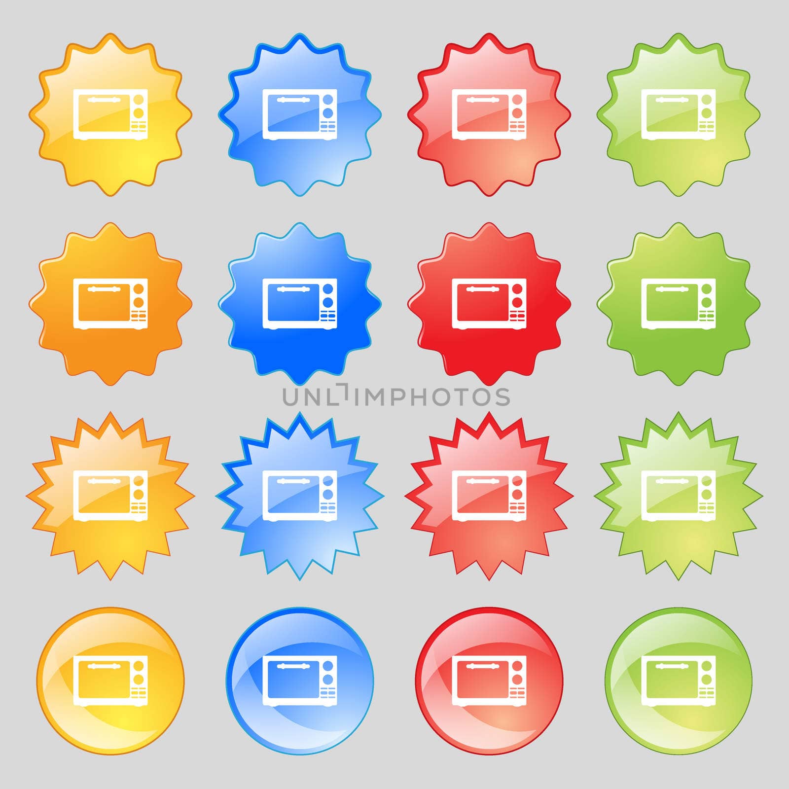 Microwave oven sign icon. Kitchen electric stove symbol. Big set of 16 colorful modern buttons for your design. illustration