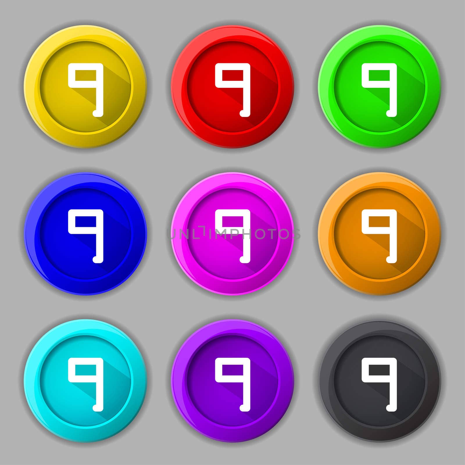 number Nine icon sign. Set of coloured buttons. illustration