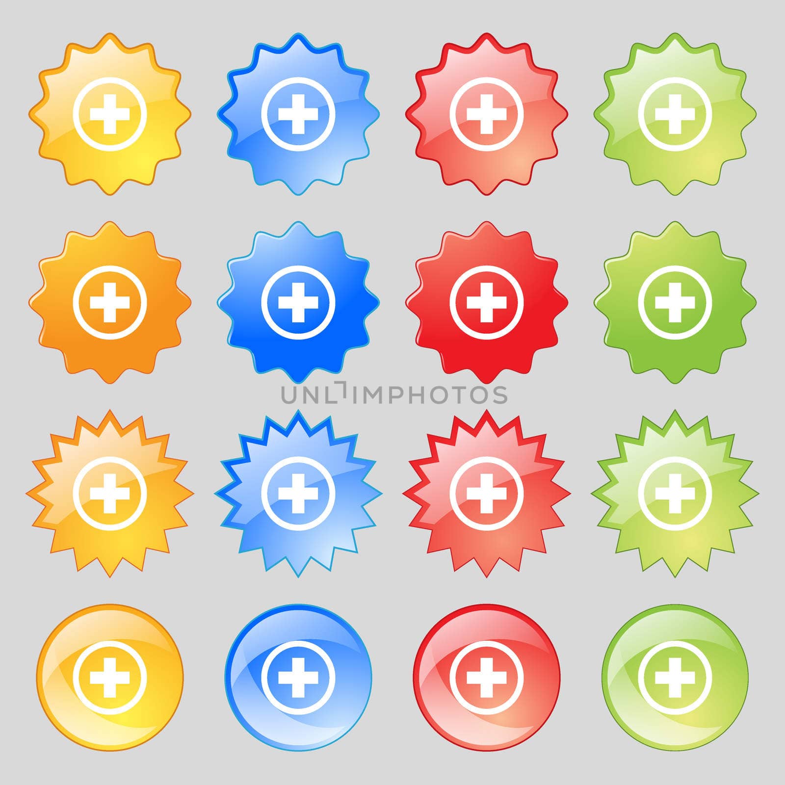 Plus sign icon. Positive symbol. Zoom in. Big set of 16 colorful modern buttons for your design. illustration