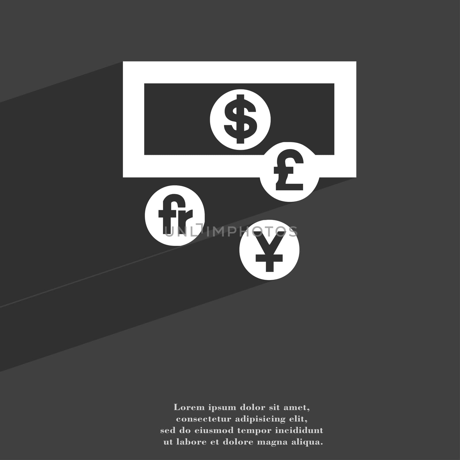 currencies of the world icon symbol Flat modern web design with long shadow and space for your text. illustration