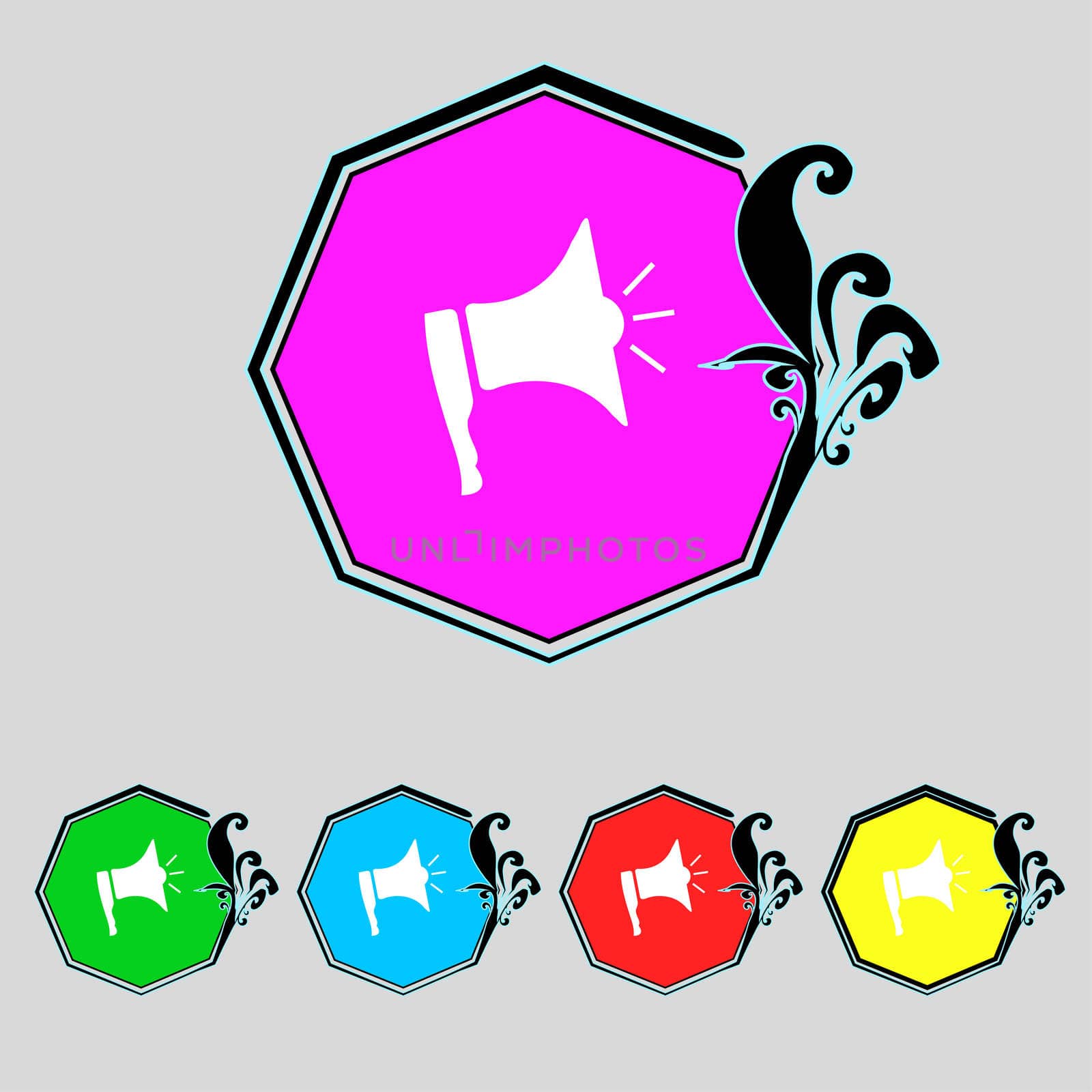 Megaphone soon icon. Loudspeaker symbol. Set colur buttons.  by serhii_lohvyniuk