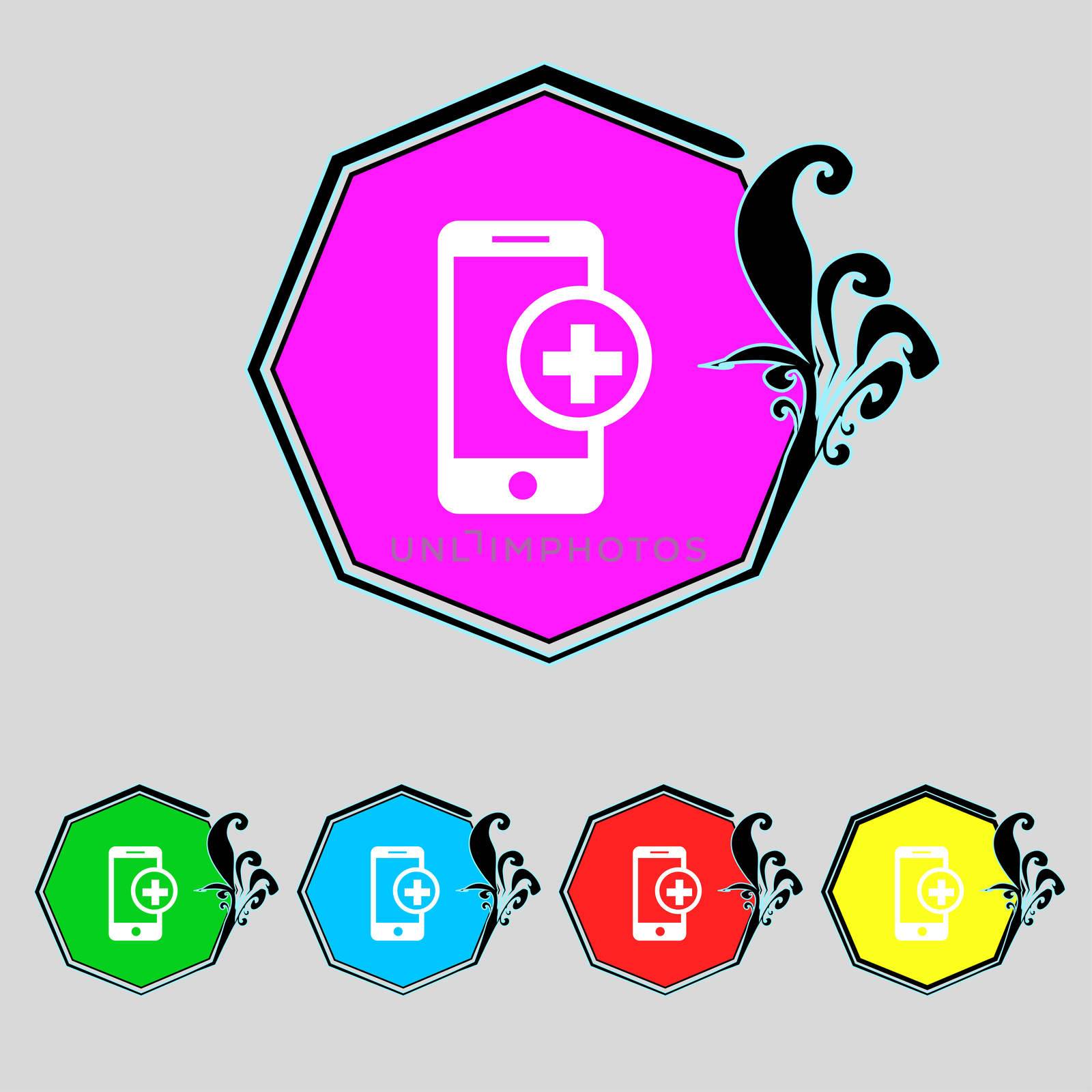 Mobile devices sign icon. mobile with symbol plus. Map pointers information buttons Speech bubbles with icons. illustration