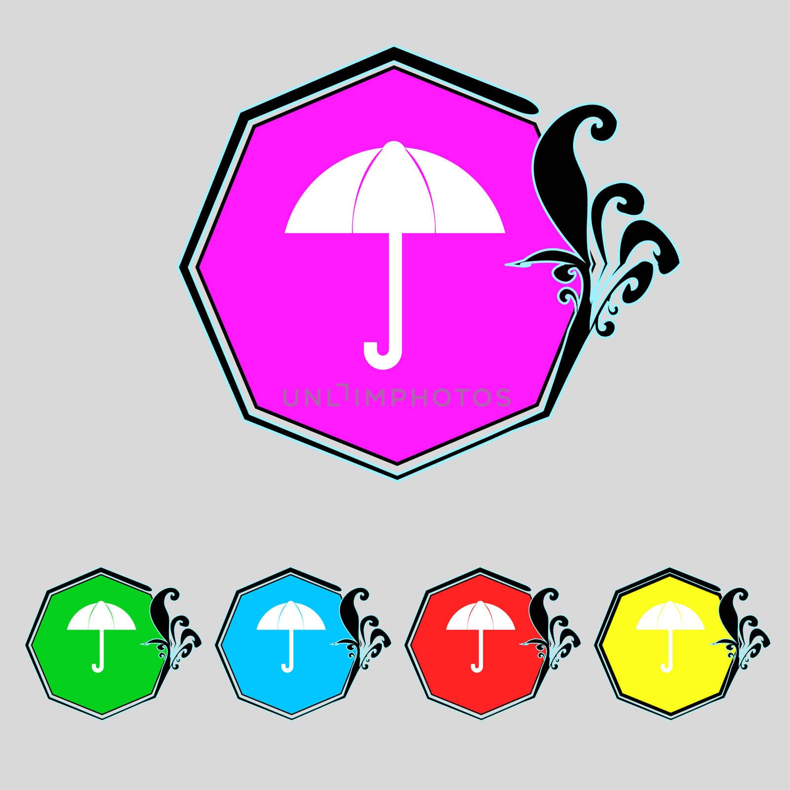 Umbrella sign icon. Rain protection symbol. Set colourful buttons. illustration