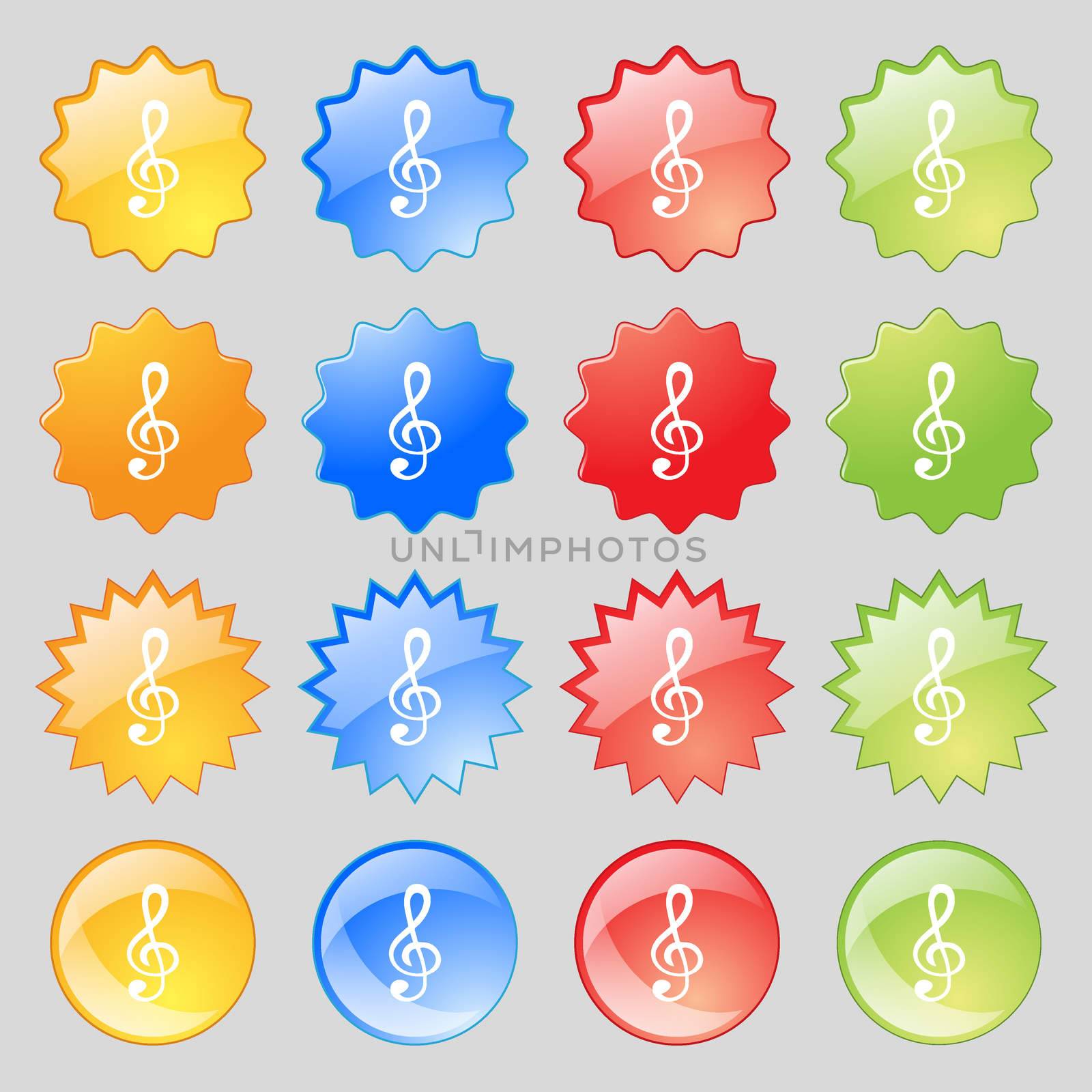 treble clef icon. Big set of 16 colorful modern buttons for your design. illustration