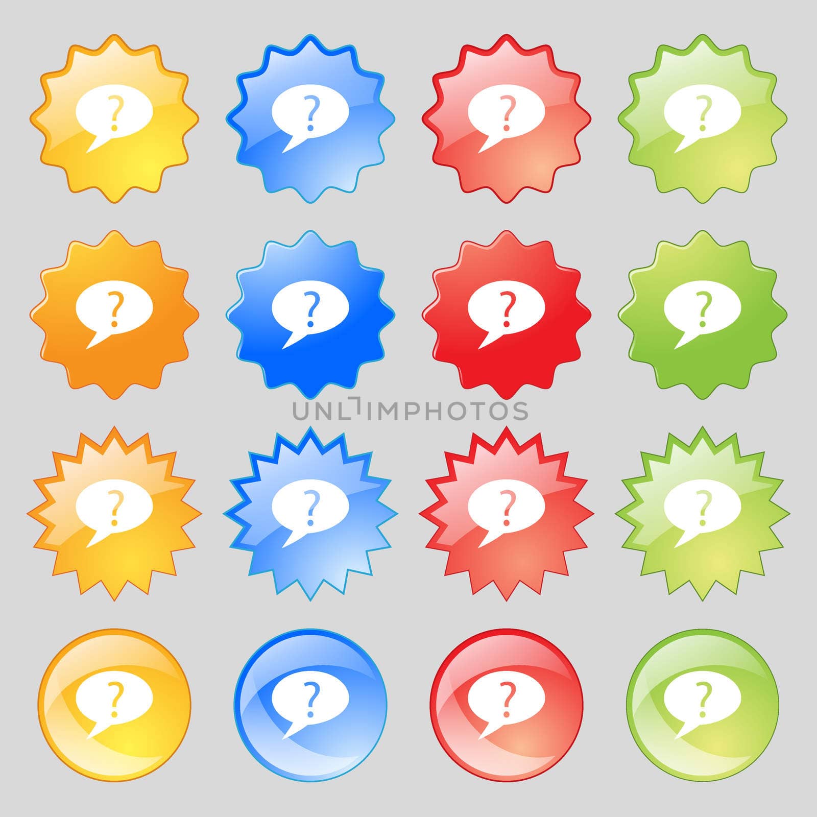 Question mark sign icon. Help speech bubble symbol. FAQ sign. Big set of 16 colorful modern buttons for your design. illustration