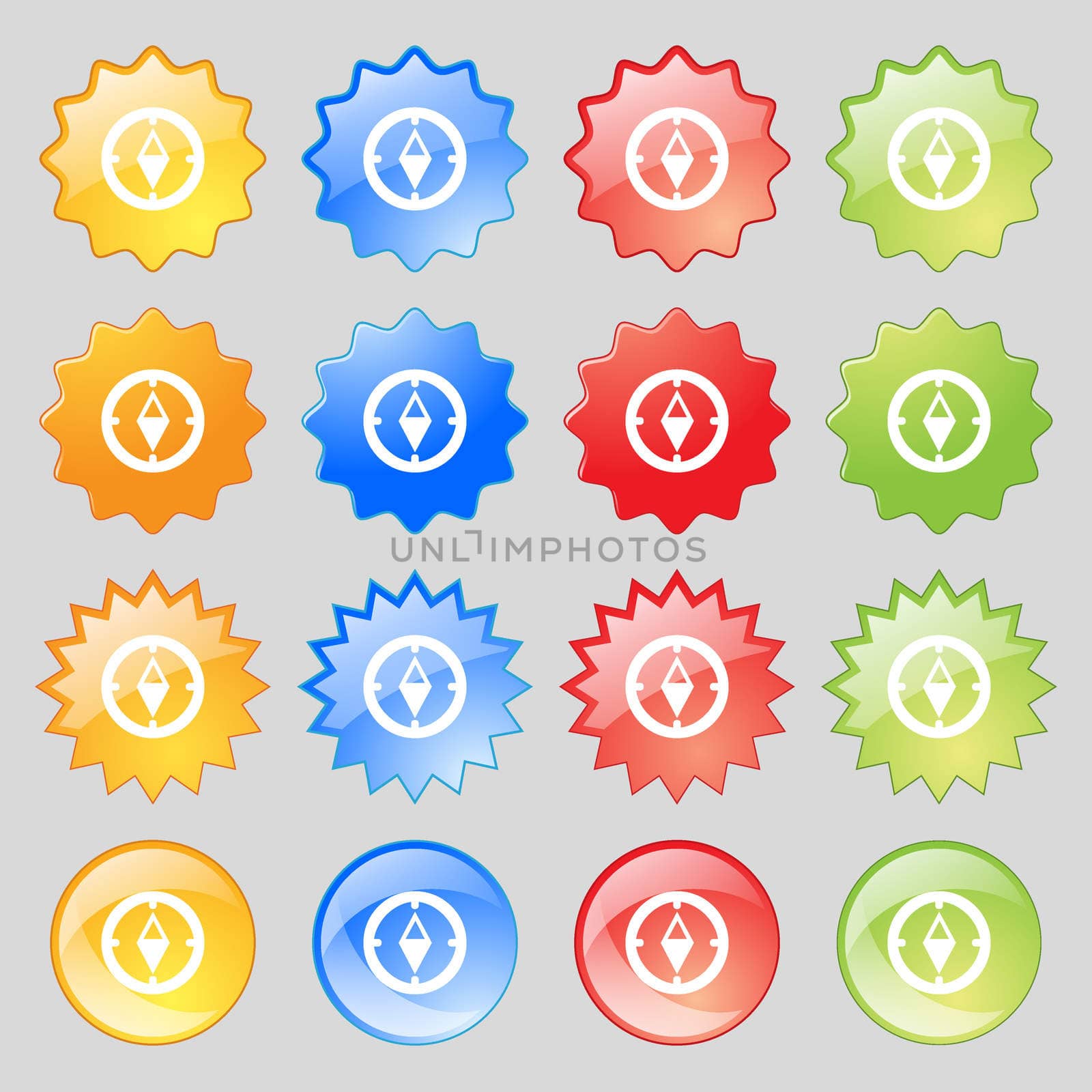 Compass sign icon. Windrose navigation symbol. Big set of 16 colorful modern buttons for your design. illustration