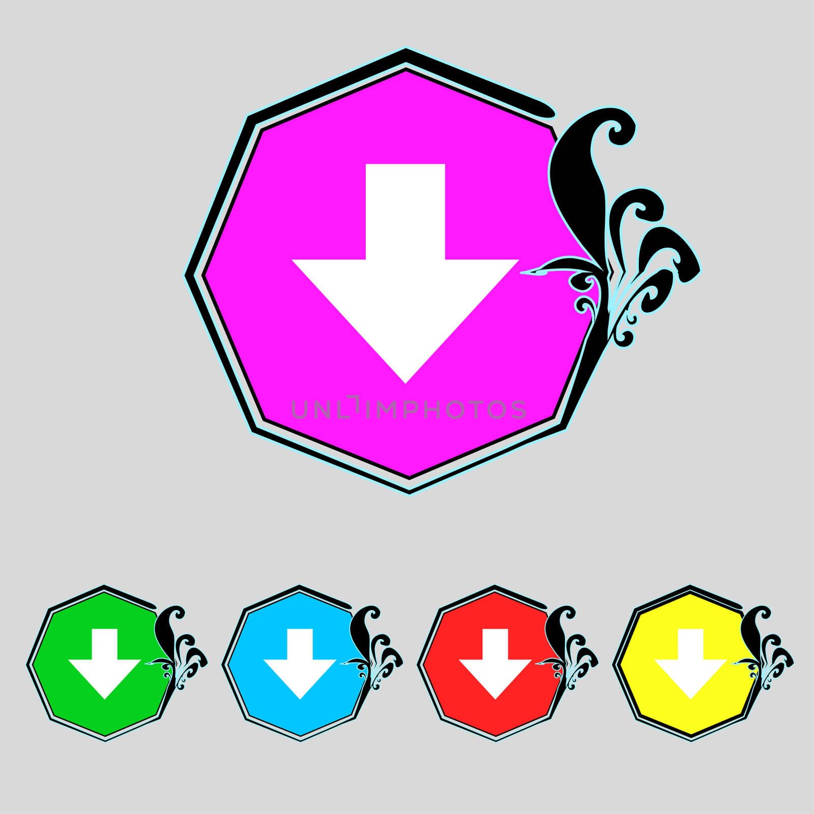 Download sign. Downloading flat icon. Load label. Set colourful buttons illustration